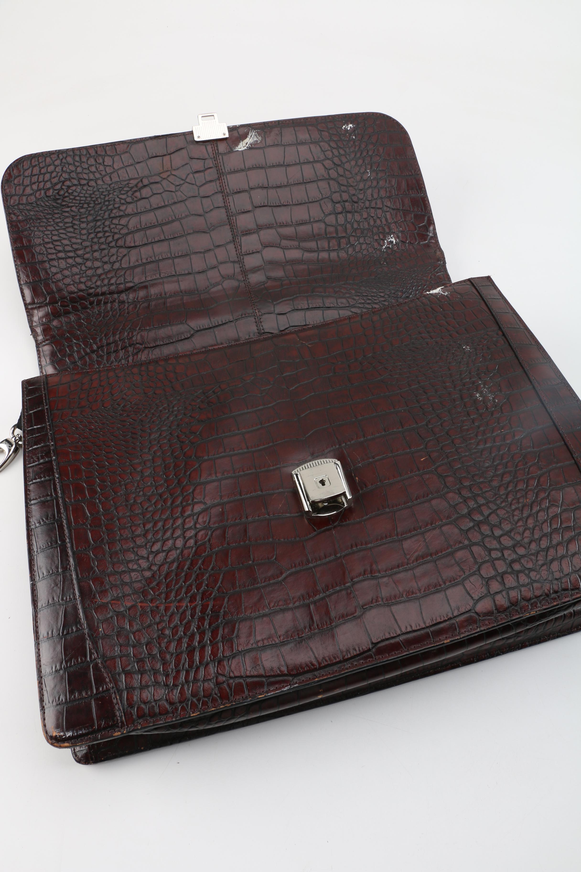 Bosca Dark Brown Crocodile Embossed Leather Briefcase
