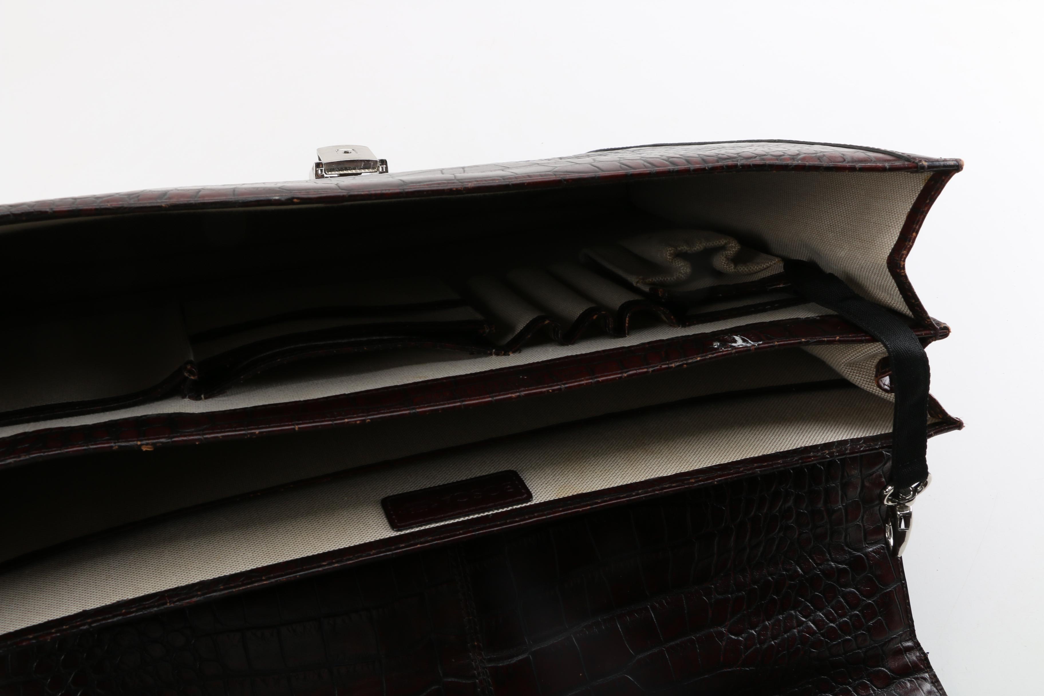 Bosca Dark Brown Crocodile Embossed Leather Briefcase