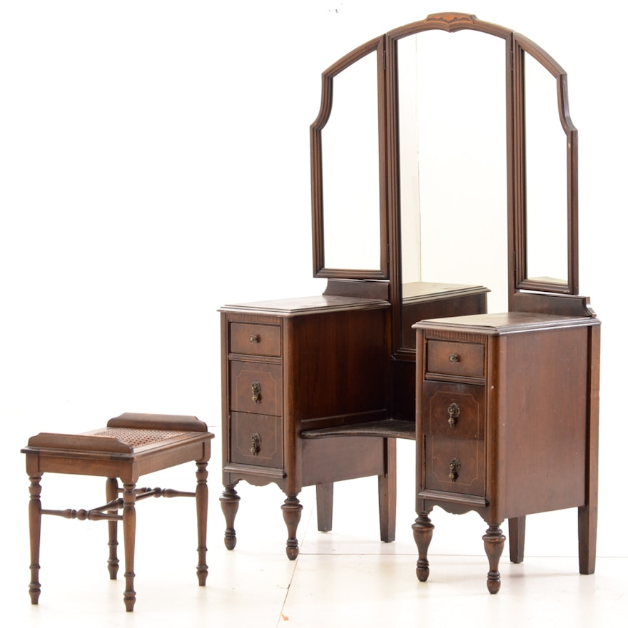 Antique Vanity with Mirror and Stool