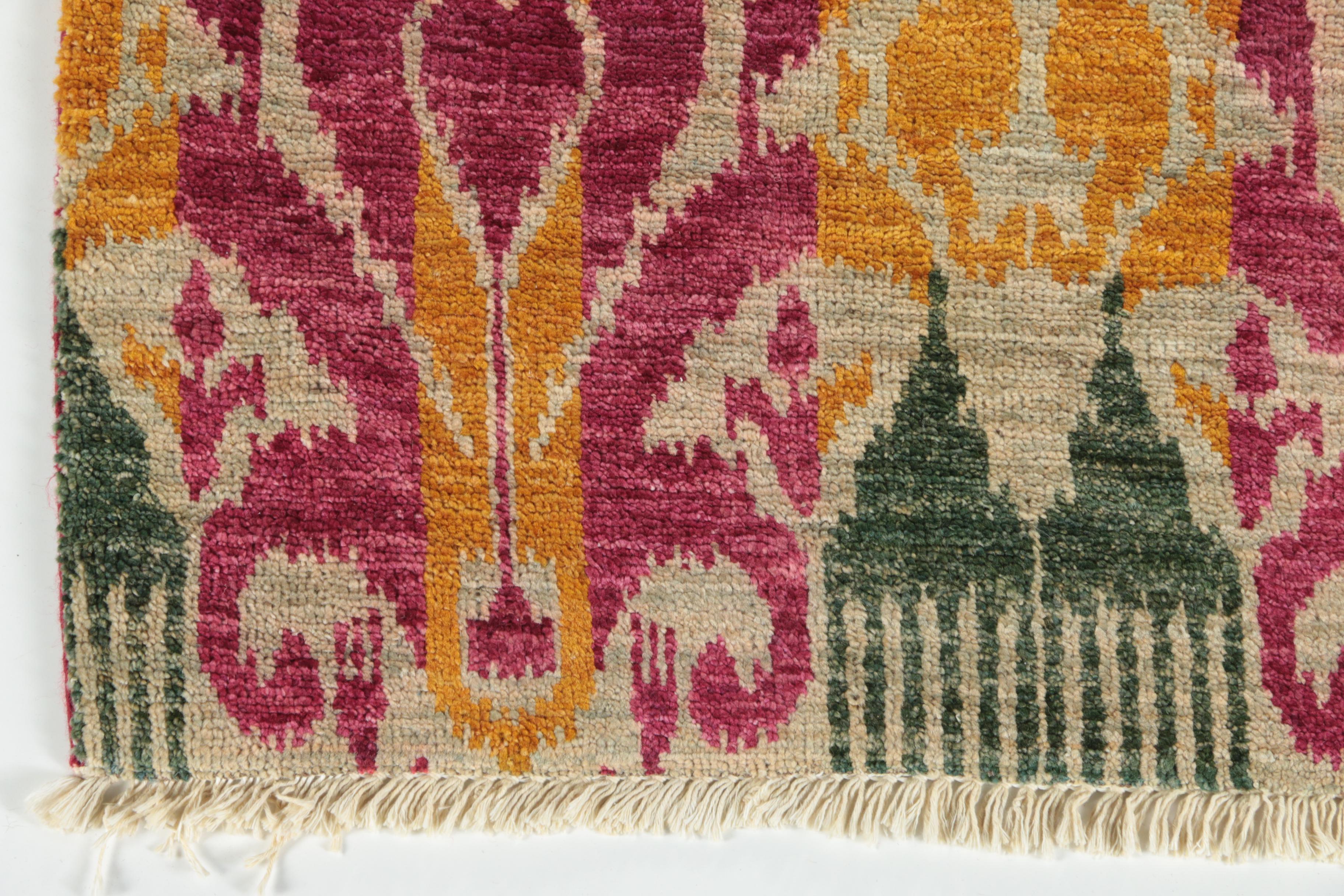 Hand-Knotted Looped Pile Ikat Pattern Wool and Cotton Area Rug