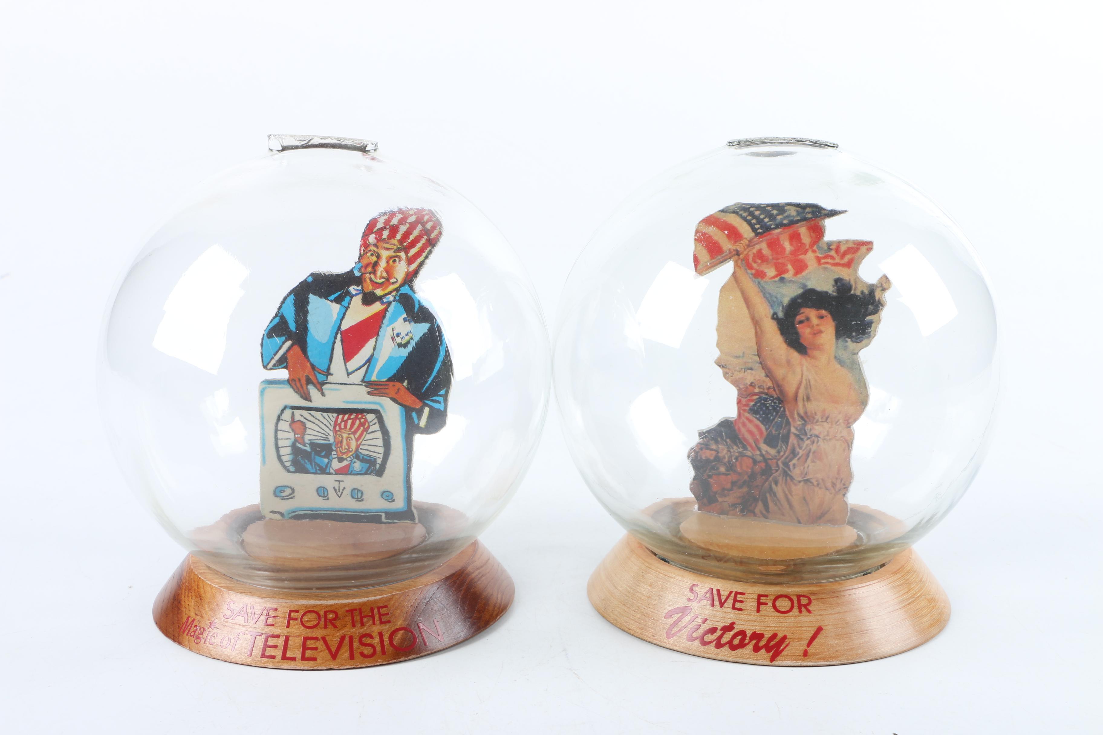 Vintage Glass Novelty Bubble Banks "Save for Victory" and "Magic of Television"
