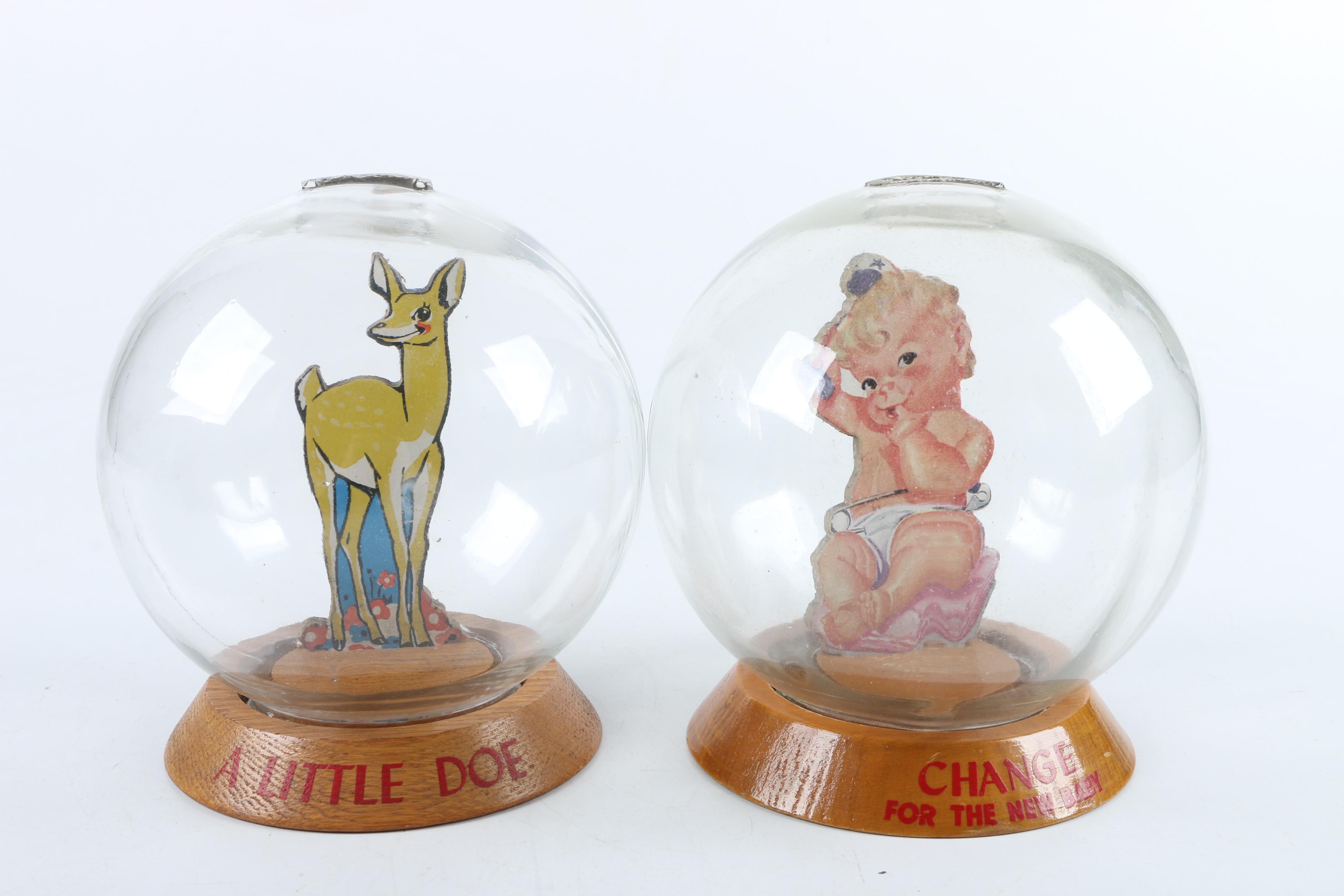 Vintage Glass Novelty Bubble Banks "A Little Doe" and "The New Baby"