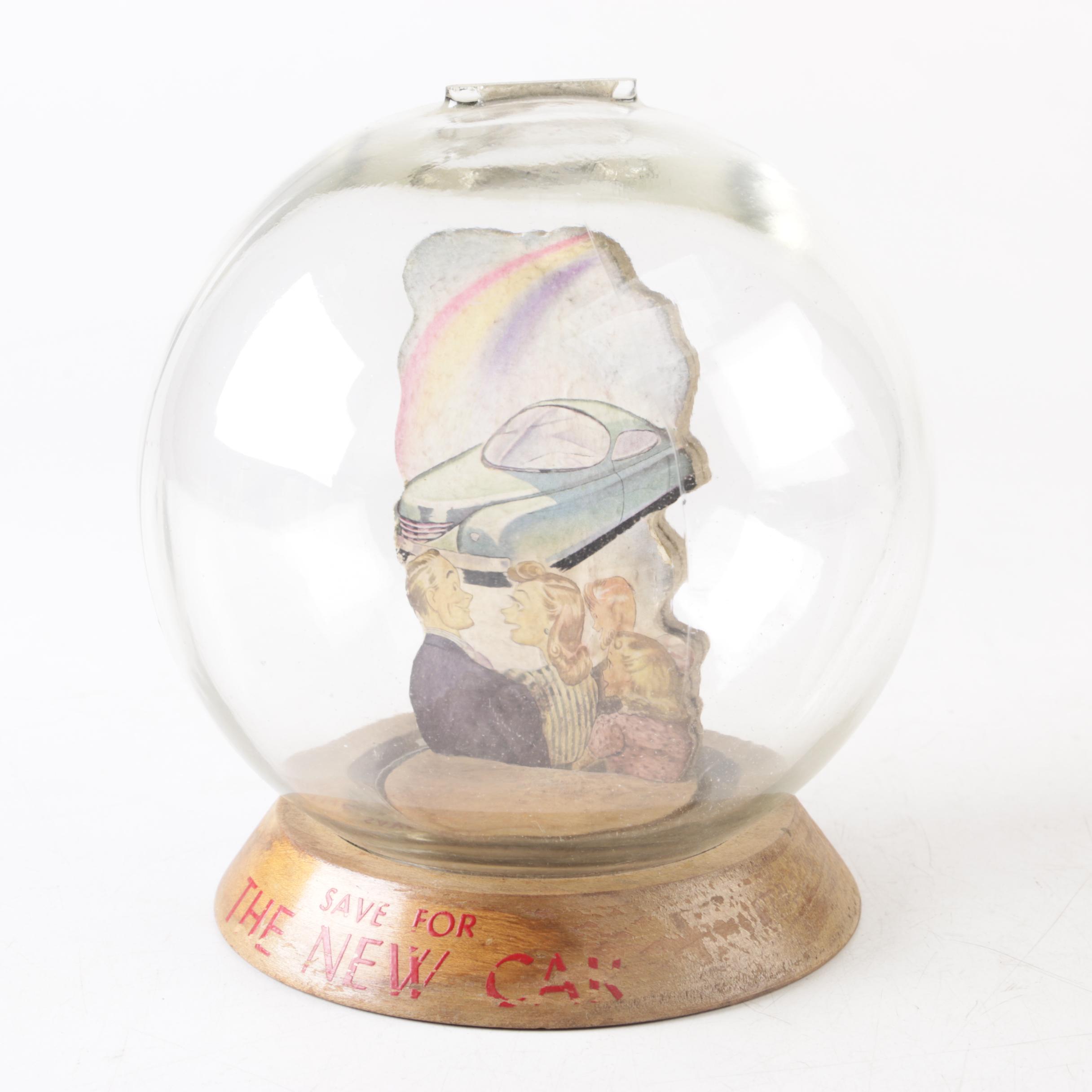 Vintage Glass Novelty Bubble Banks "The New Car" and "The New Home"