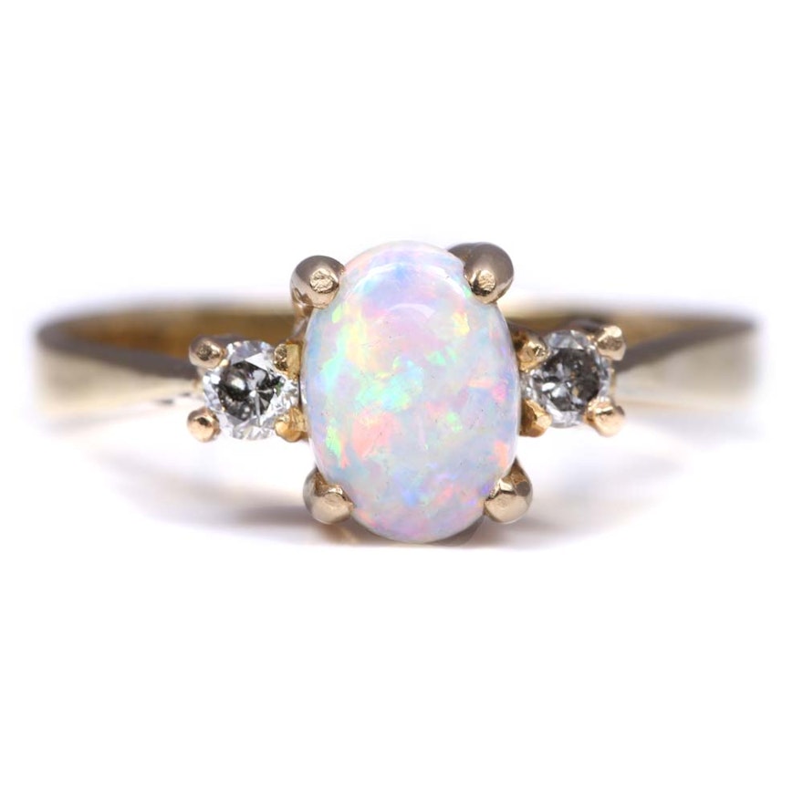 14K Yellow Gold Diamond and Opal Ring