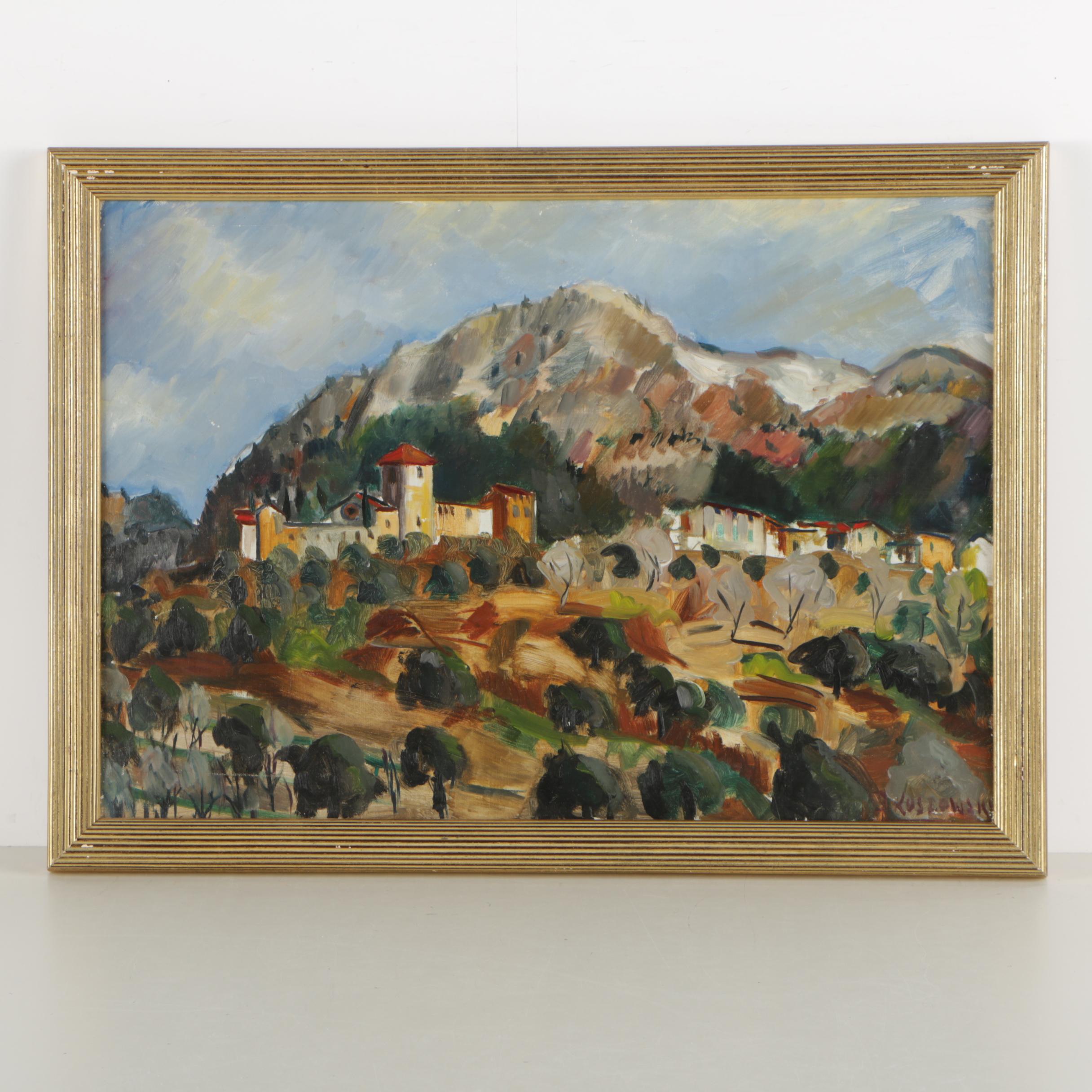 Salvadore Koslowski Mid Century Oil Painting of European Village Landscape