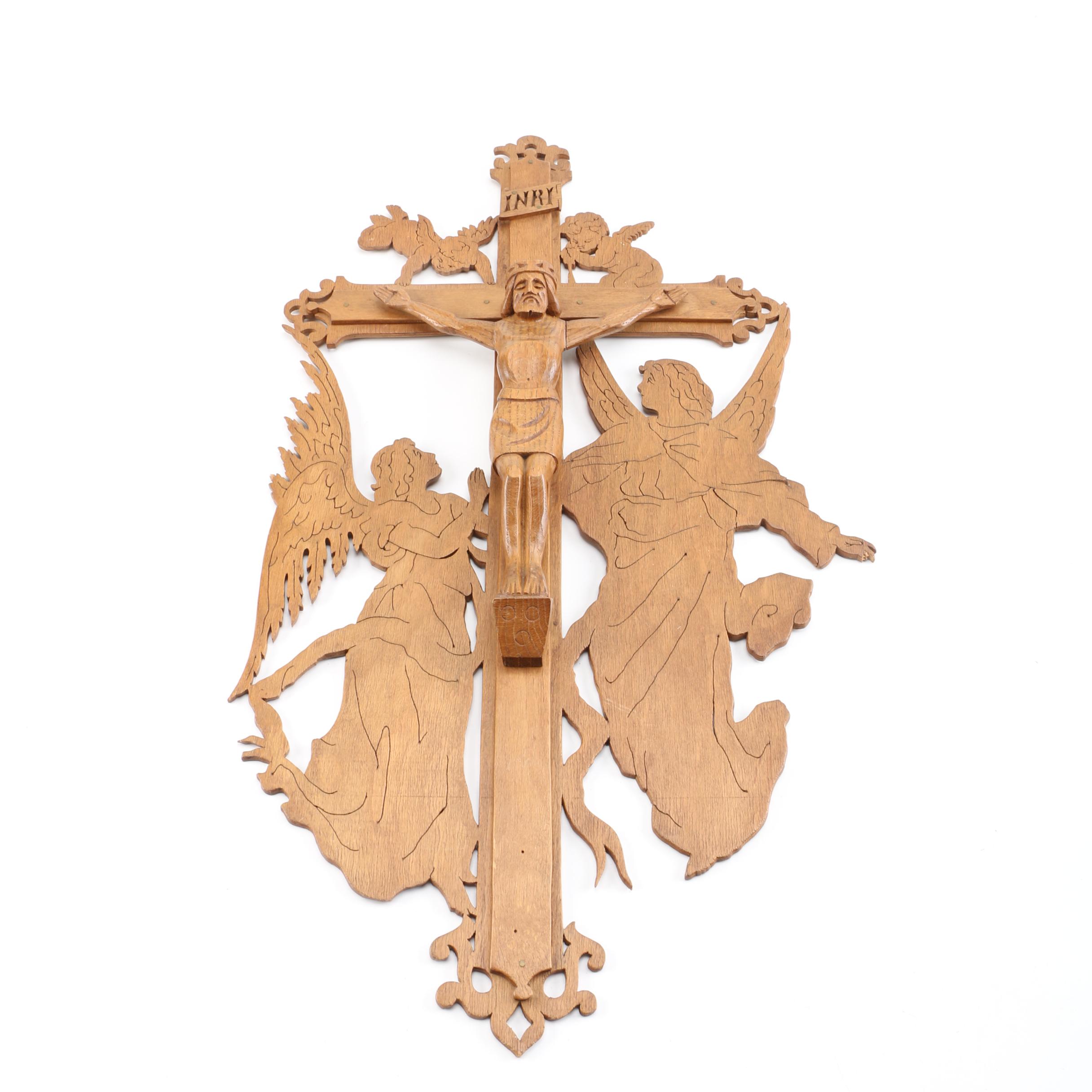 Folk Art Style Carved Wood Wall Crucifix