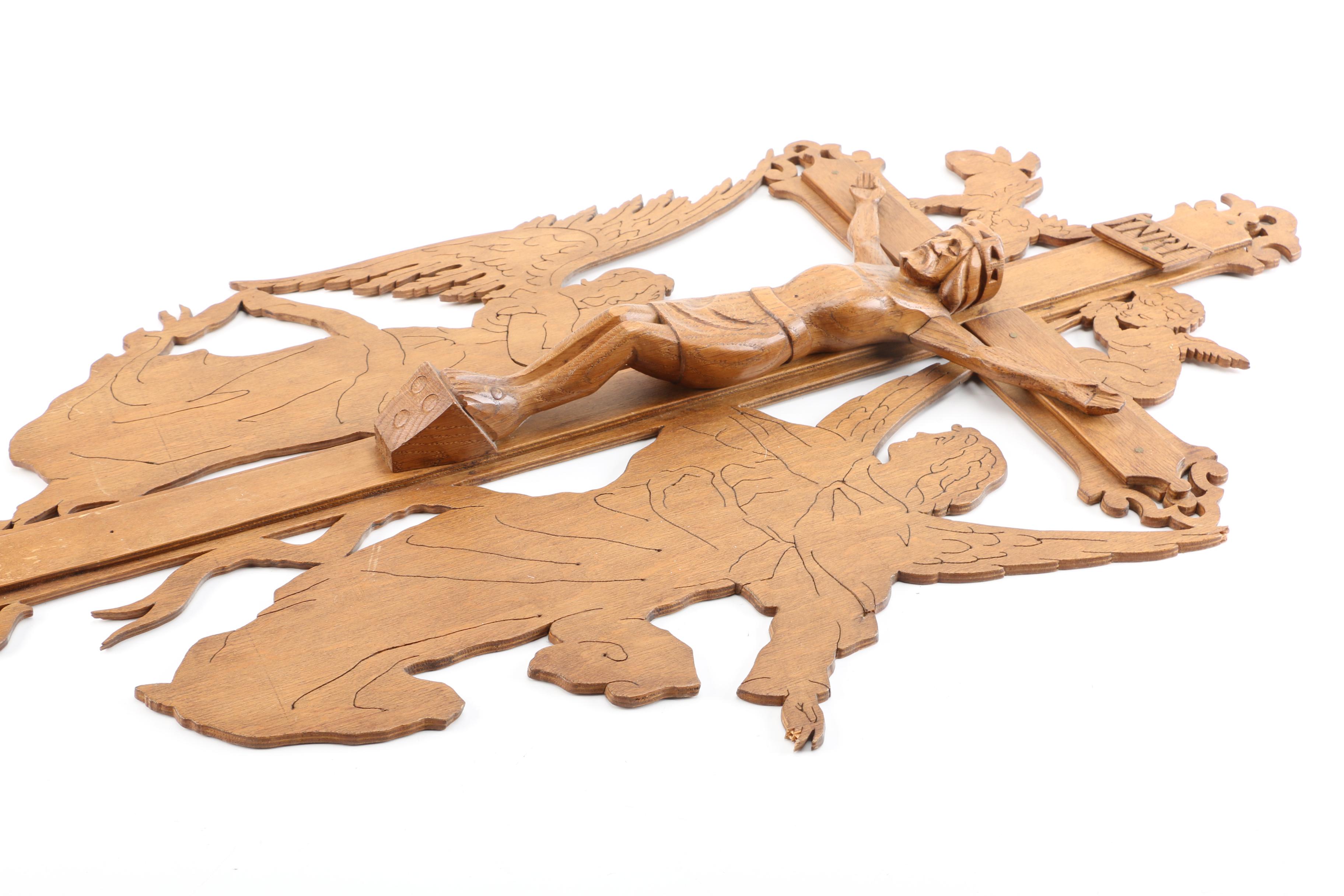 Folk Art Style Carved Wood Wall Crucifix