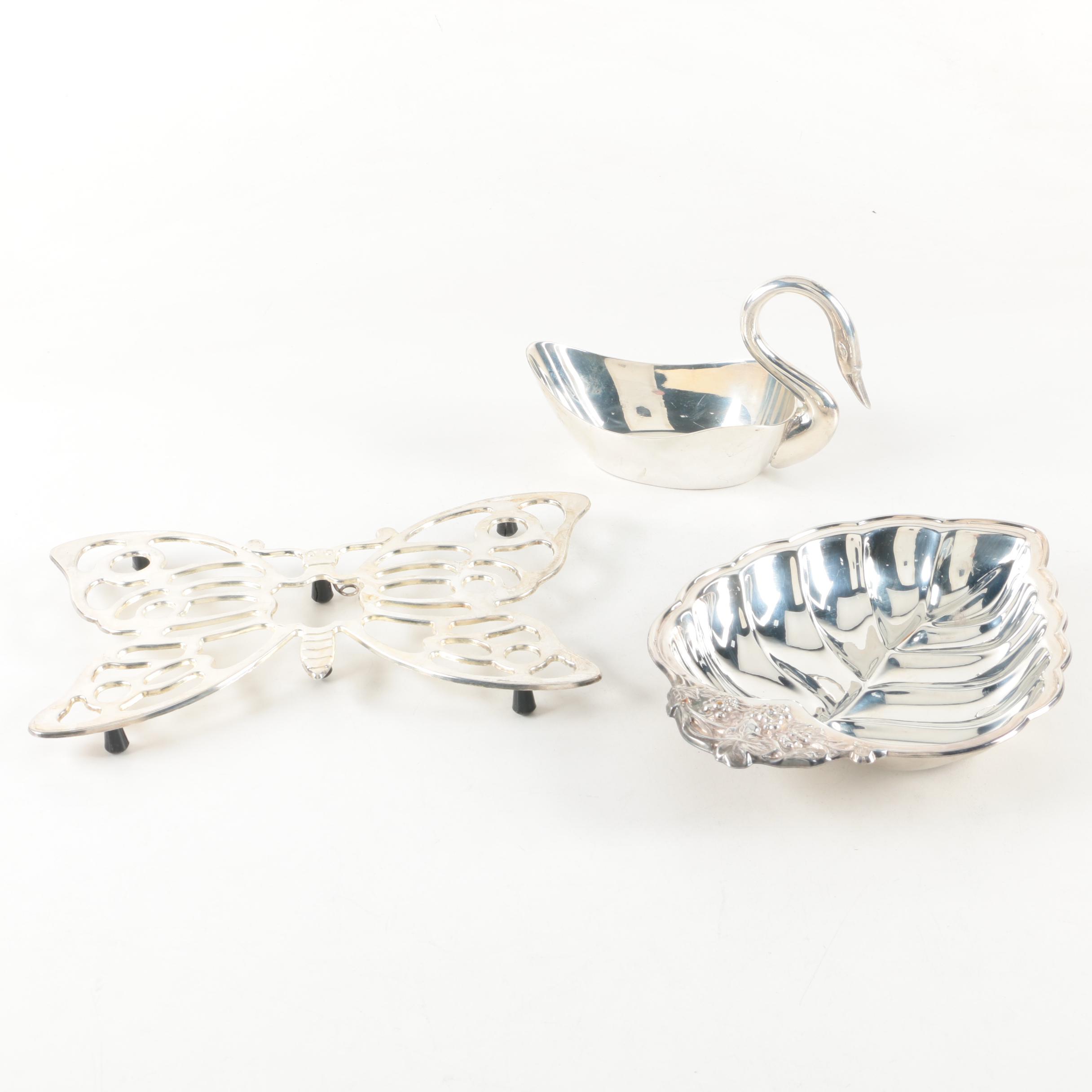 Leonard Butterfly Silver Plate Trivet and Other Silver Plate