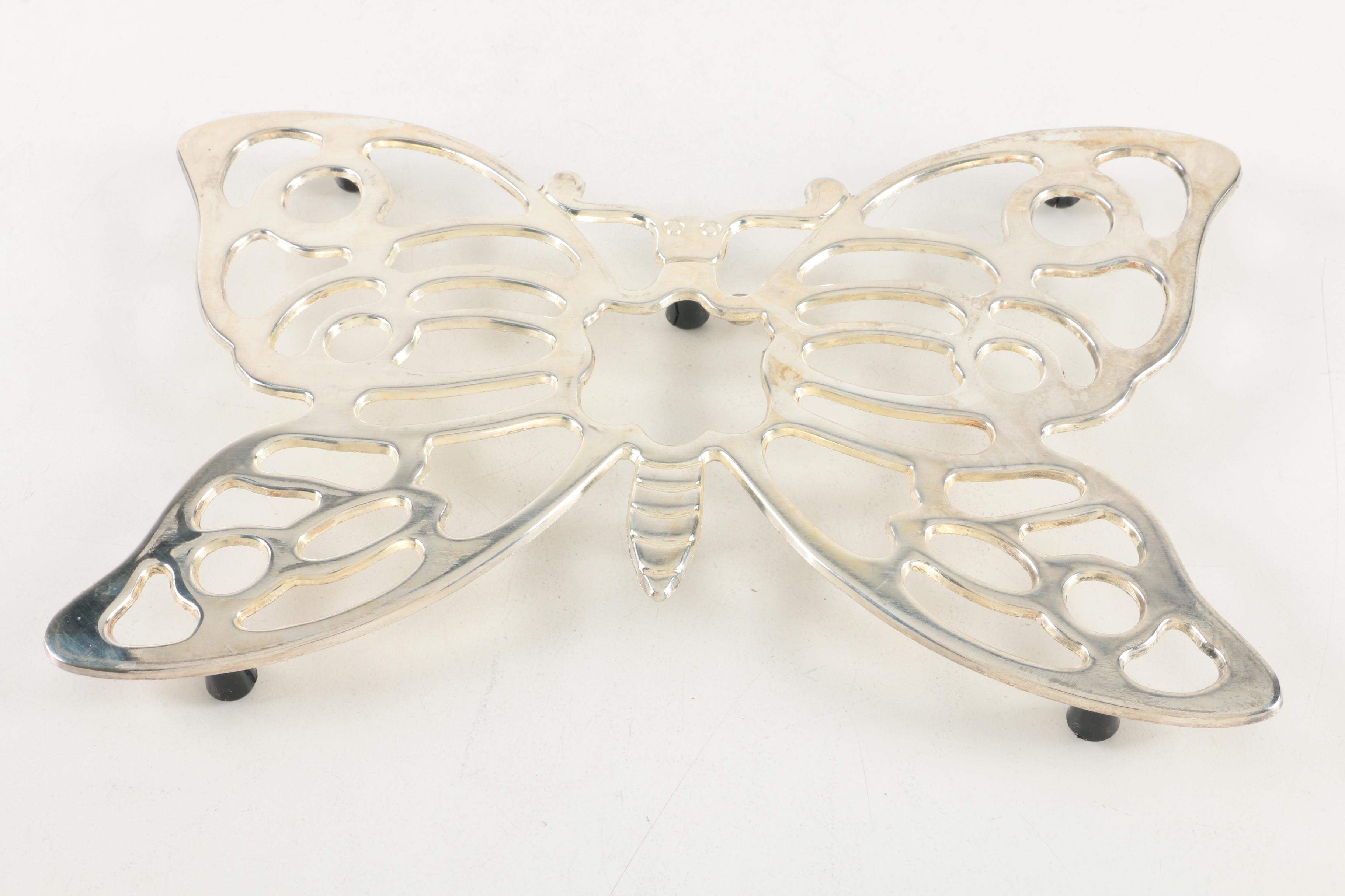Leonard Butterfly Silver Plate Trivet and Other Silver Plate