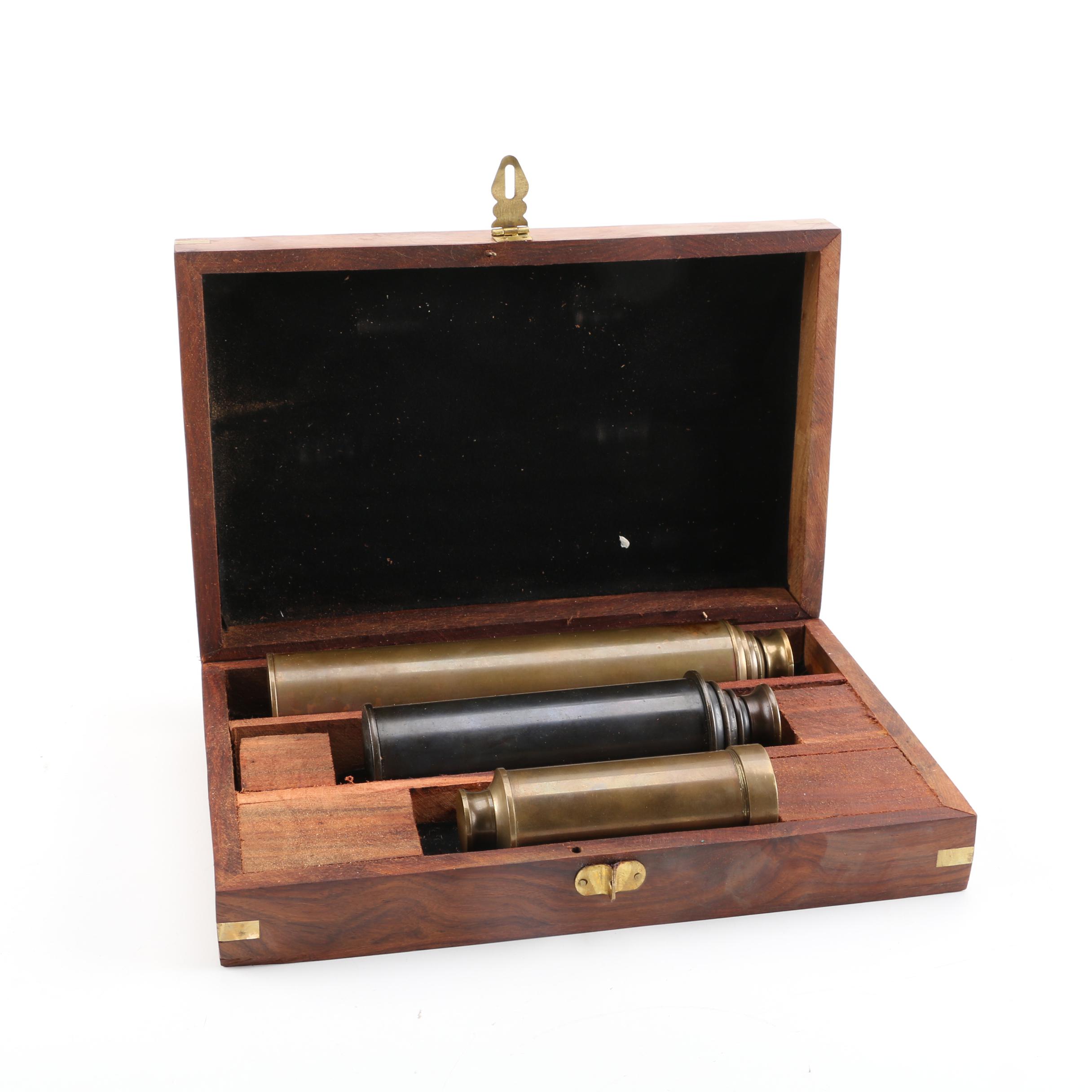 Vintage Brass Spyglass Set with Wooden Case