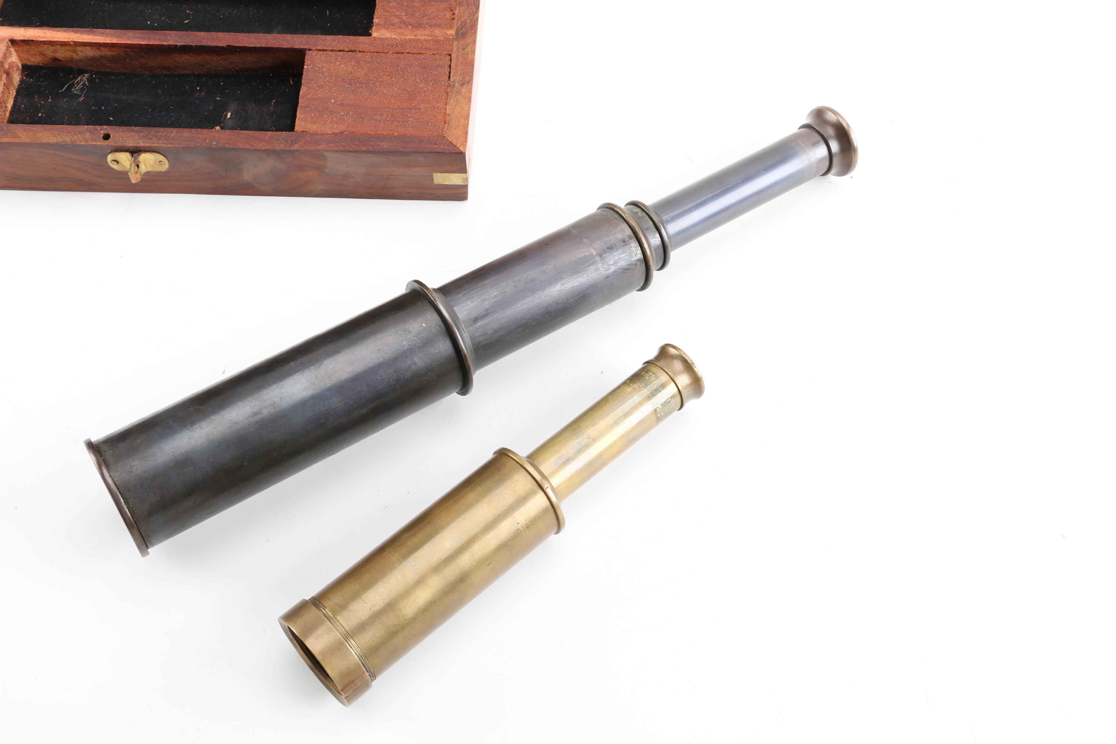 Vintage Brass Spyglass Set with Wooden Case