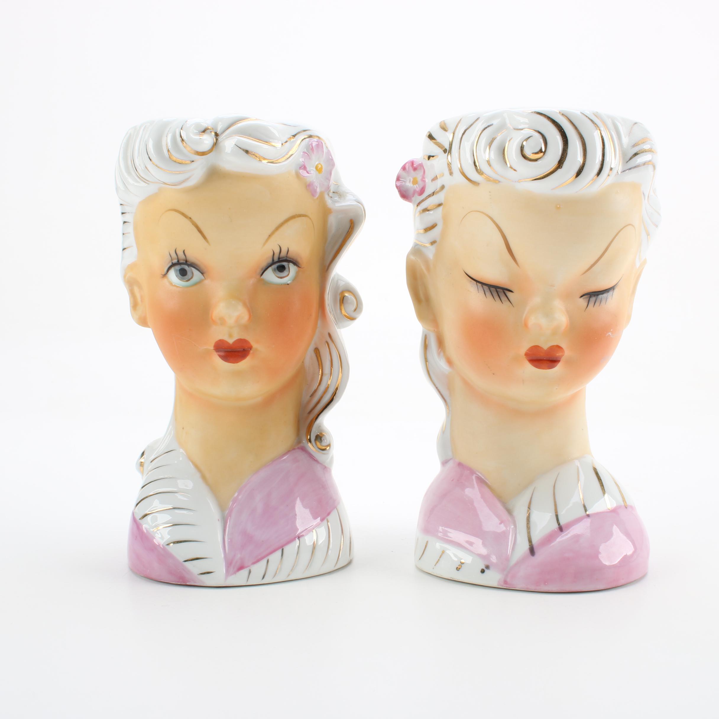 Hand-Painted Milk Glass Vases by Charleton and Ceramic Lady Head Vases