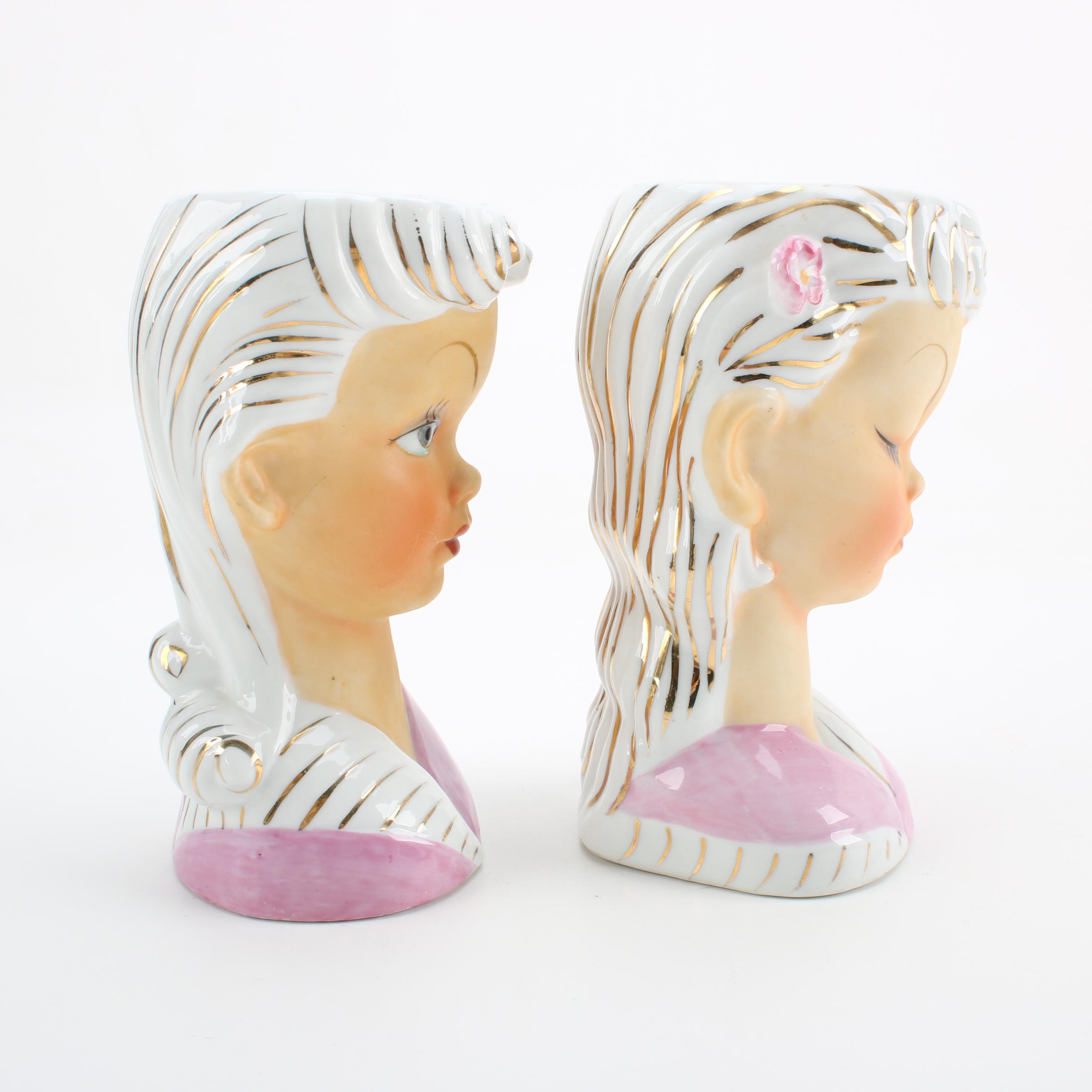 Hand-Painted Milk Glass Vases by Charleton and Ceramic Lady Head Vases