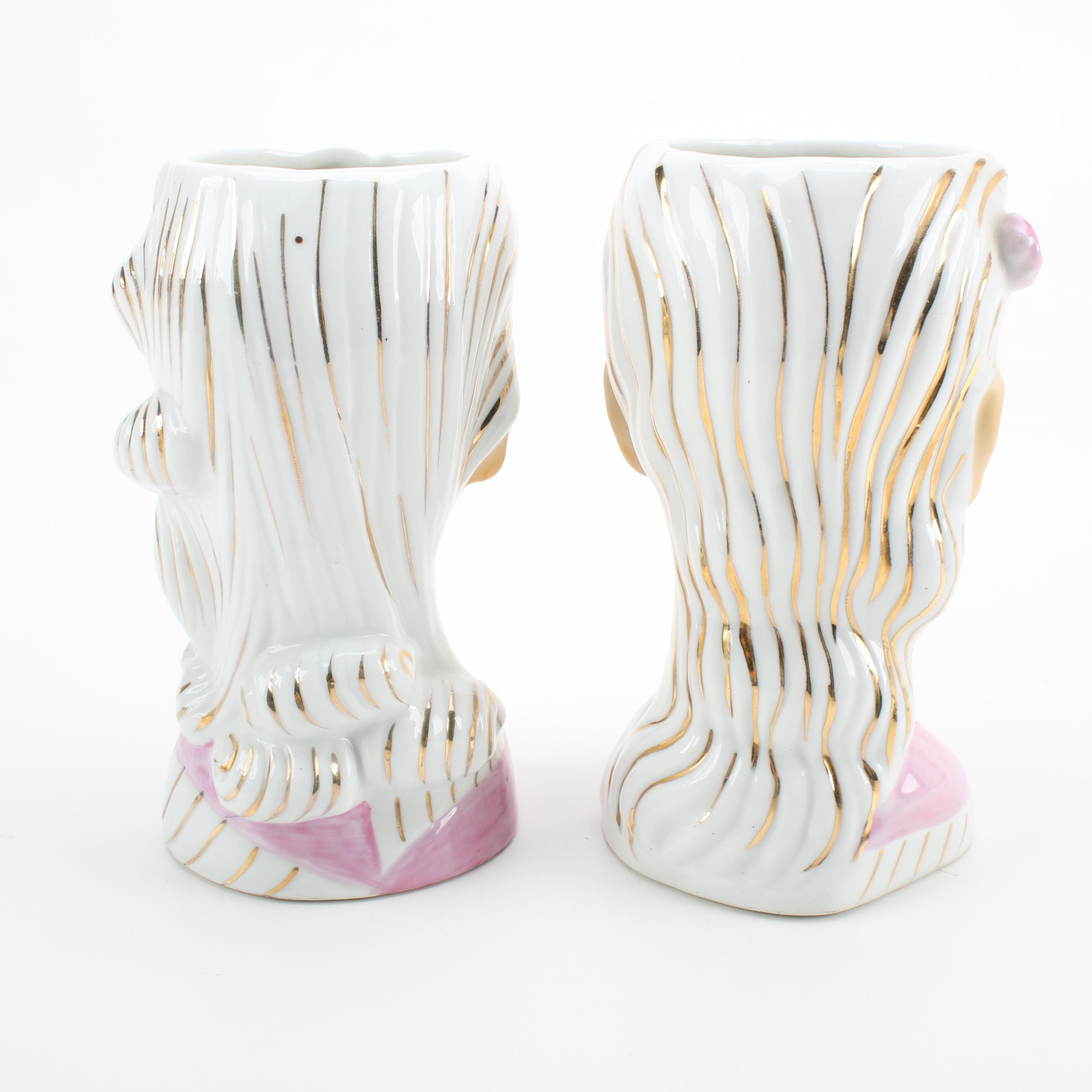 Hand-Painted Milk Glass Vases by Charleton and Ceramic Lady Head Vases