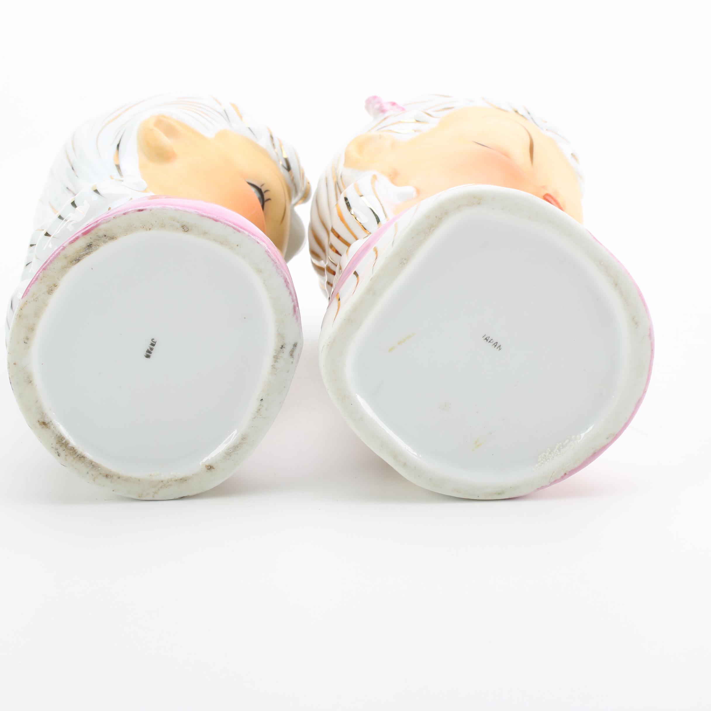 Hand-Painted Milk Glass Vases by Charleton and Ceramic Lady Head Vases