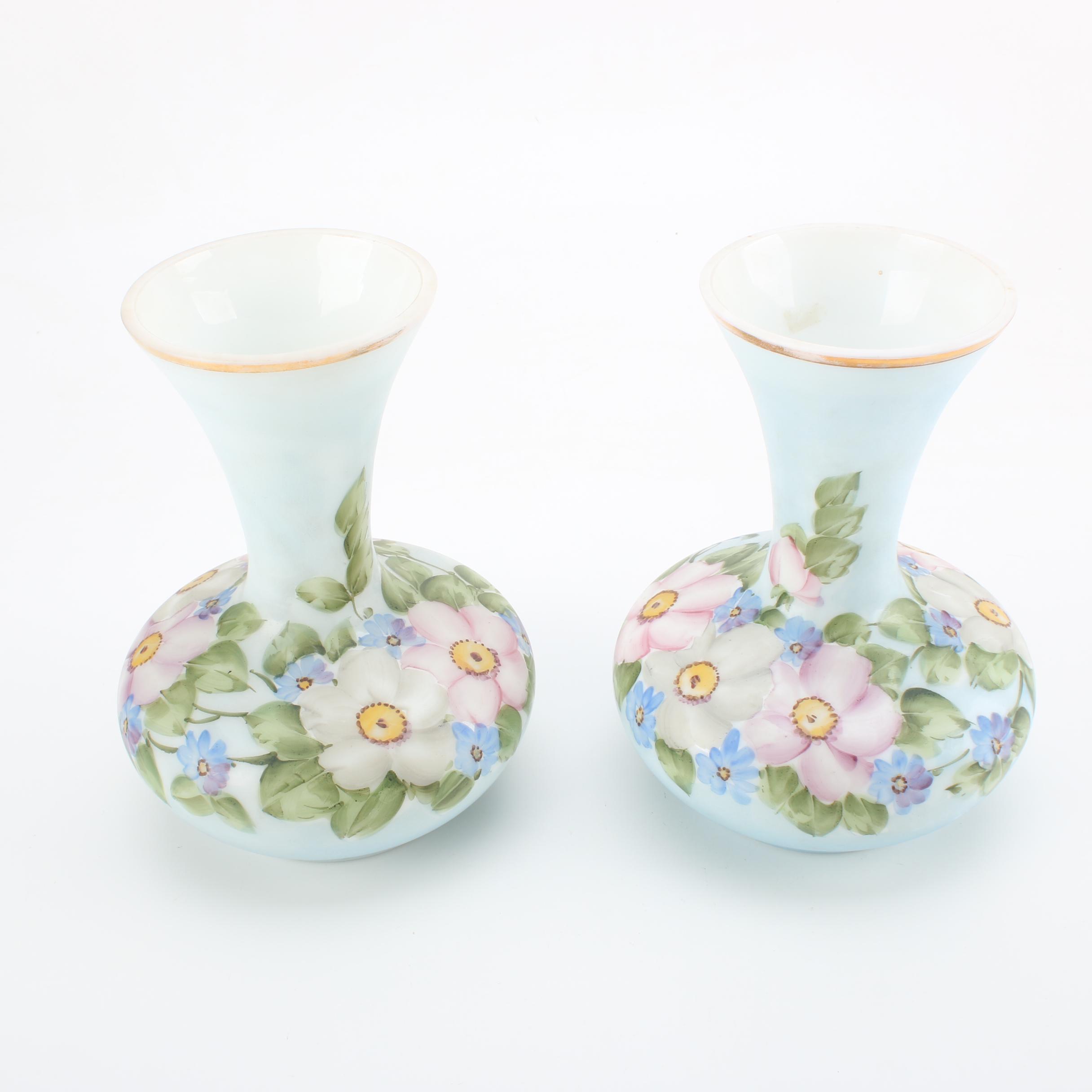 Hand-Painted Milk Glass Vases by Charleton and Ceramic Lady Head Vases