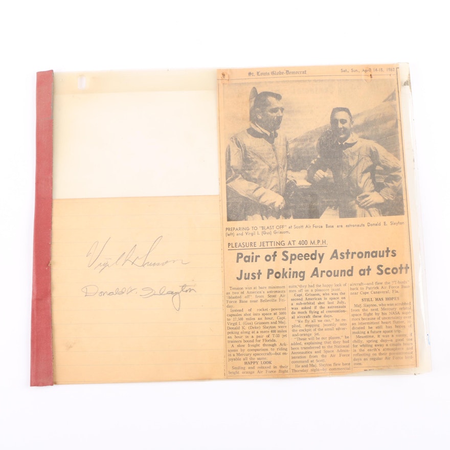 Astronauts Deke Slayton and Gus Grissom Autographs with 1962 Newspaper Clipping
