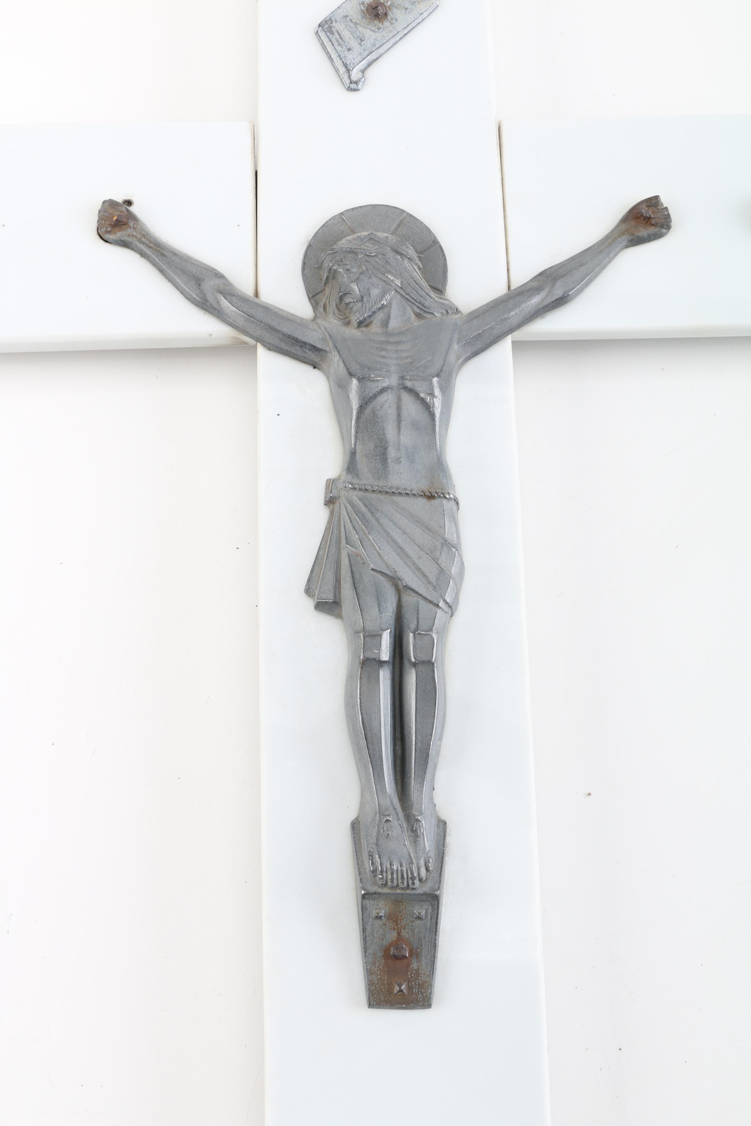 Vintage Modernist Glass and Metal Wall Crucifix
