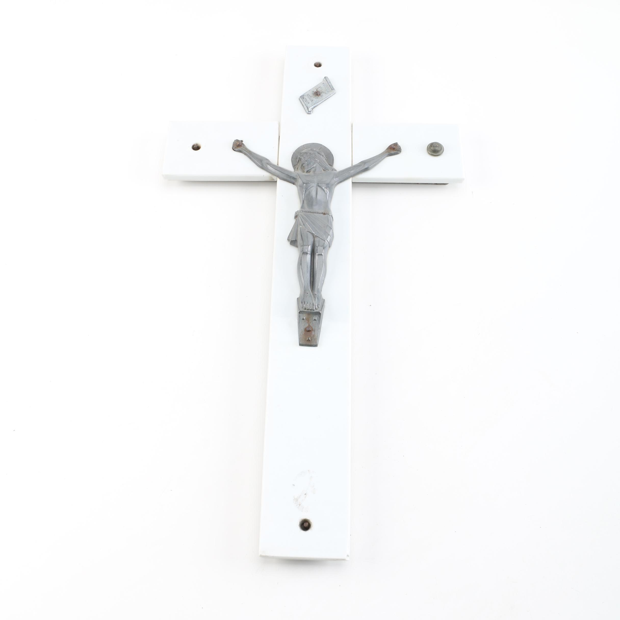 Vintage Modernist Glass and Metal Wall Crucifix