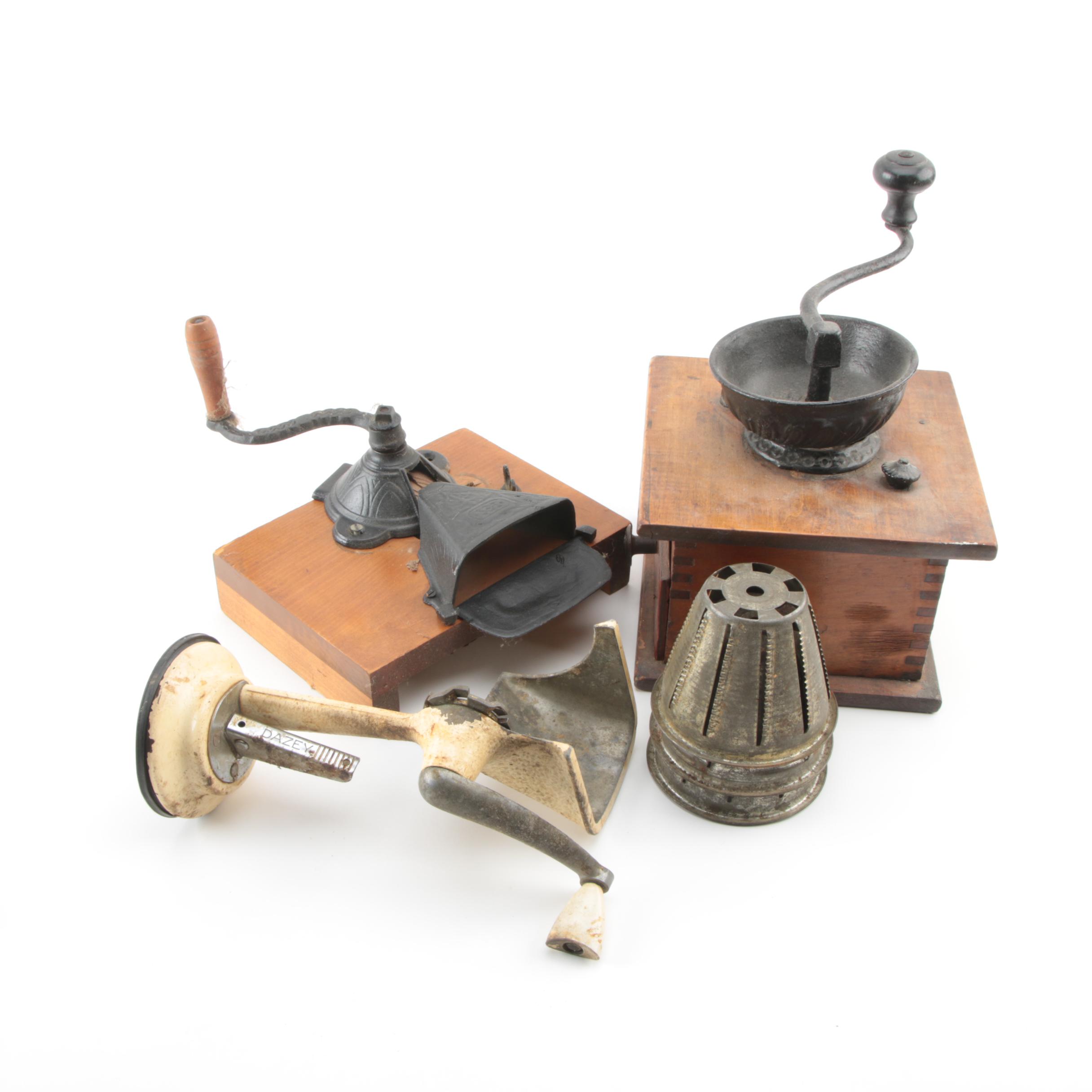 Vintage Cast Iron and Wood Coffee Grinders with Dazey Manual Food Mill