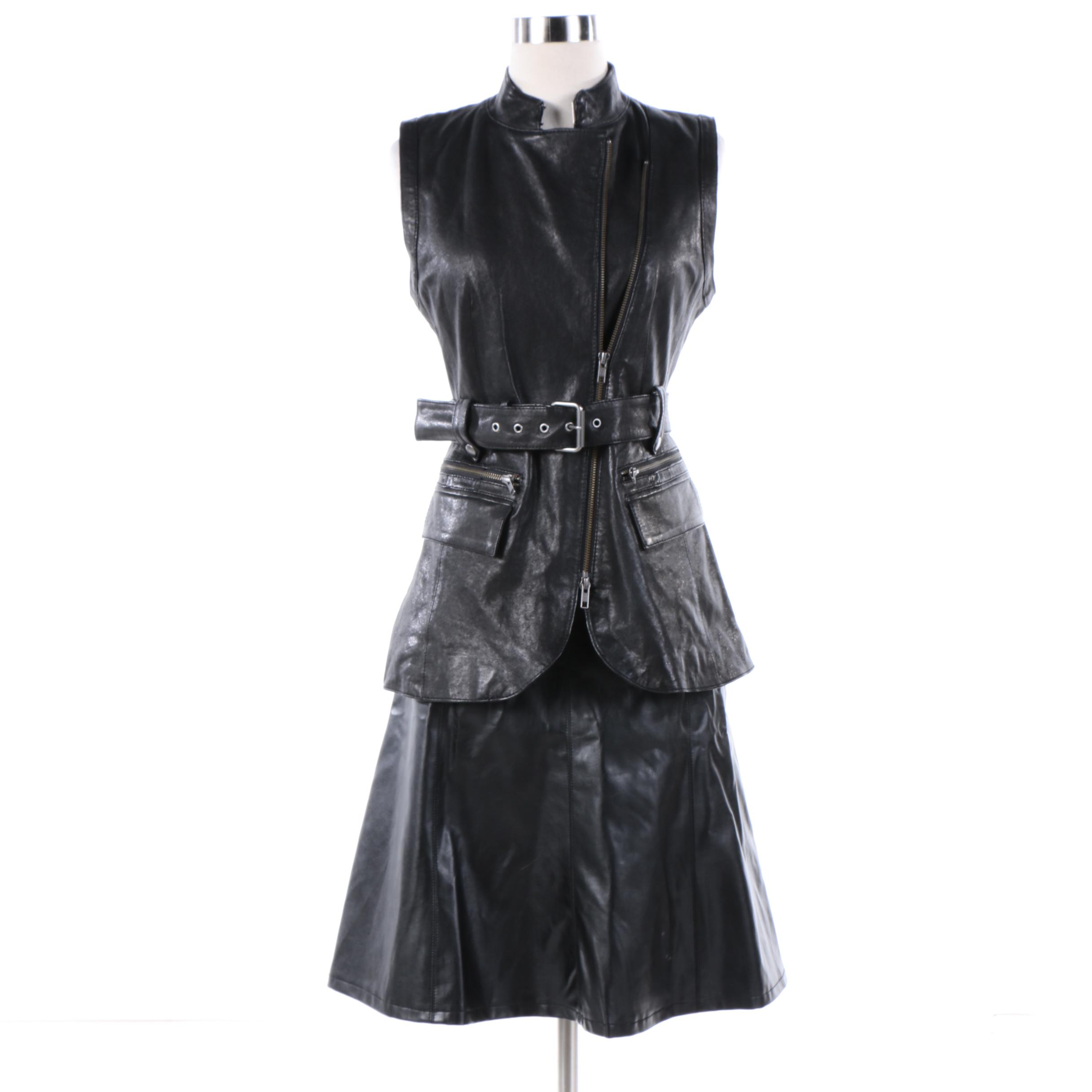 Rachel Zoe Black Leather Vest with Dennis by Dennis Basso Faux Leather Skirt