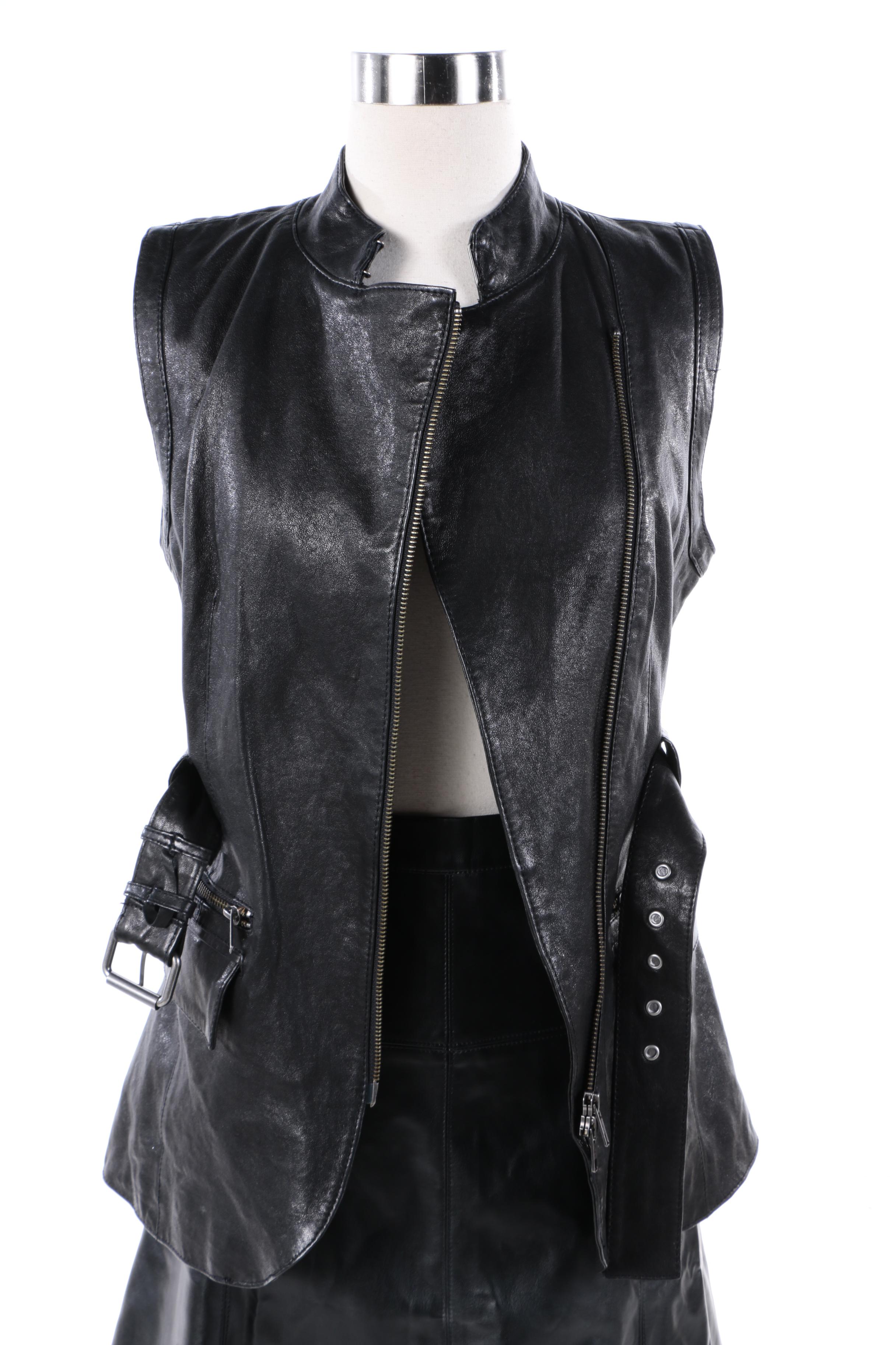 Rachel Zoe Black Leather Vest with Dennis by Dennis Basso Faux Leather Skirt