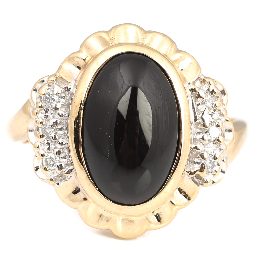 10K Yellow Gold, Black Onyx, and Diamond Ring