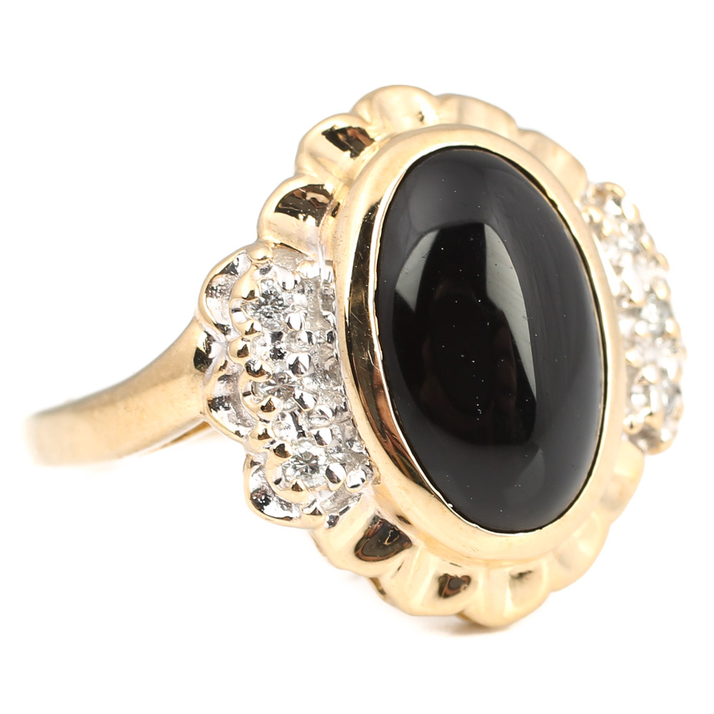 10K Yellow Gold, Black Onyx, and Diamond Ring