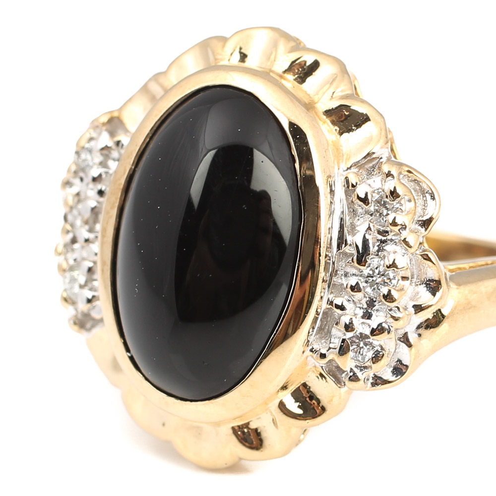 10K Yellow Gold, Black Onyx, and Diamond Ring