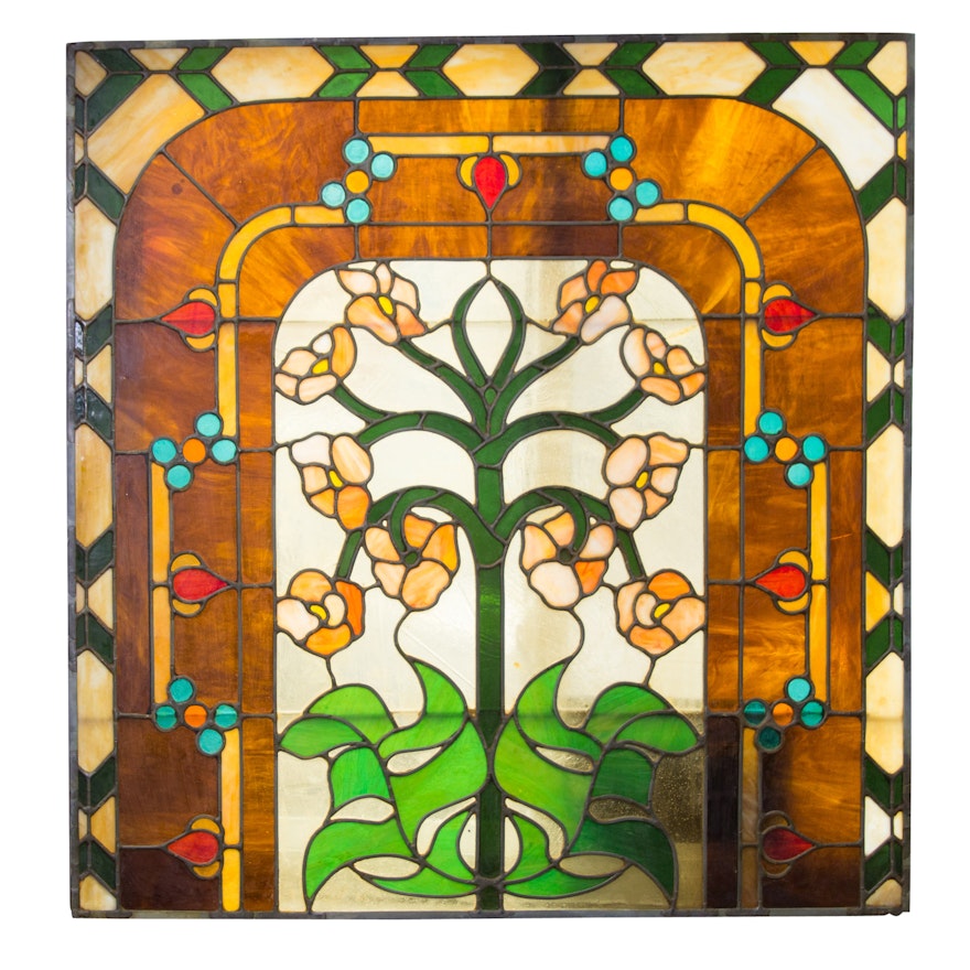 Large Floral Themed Stained Glass Panel