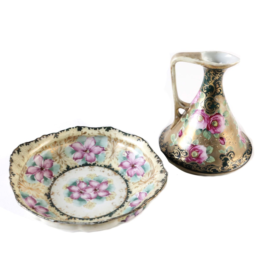 Hand-painted Art Nouveau Porcelain Ewer with Bowl