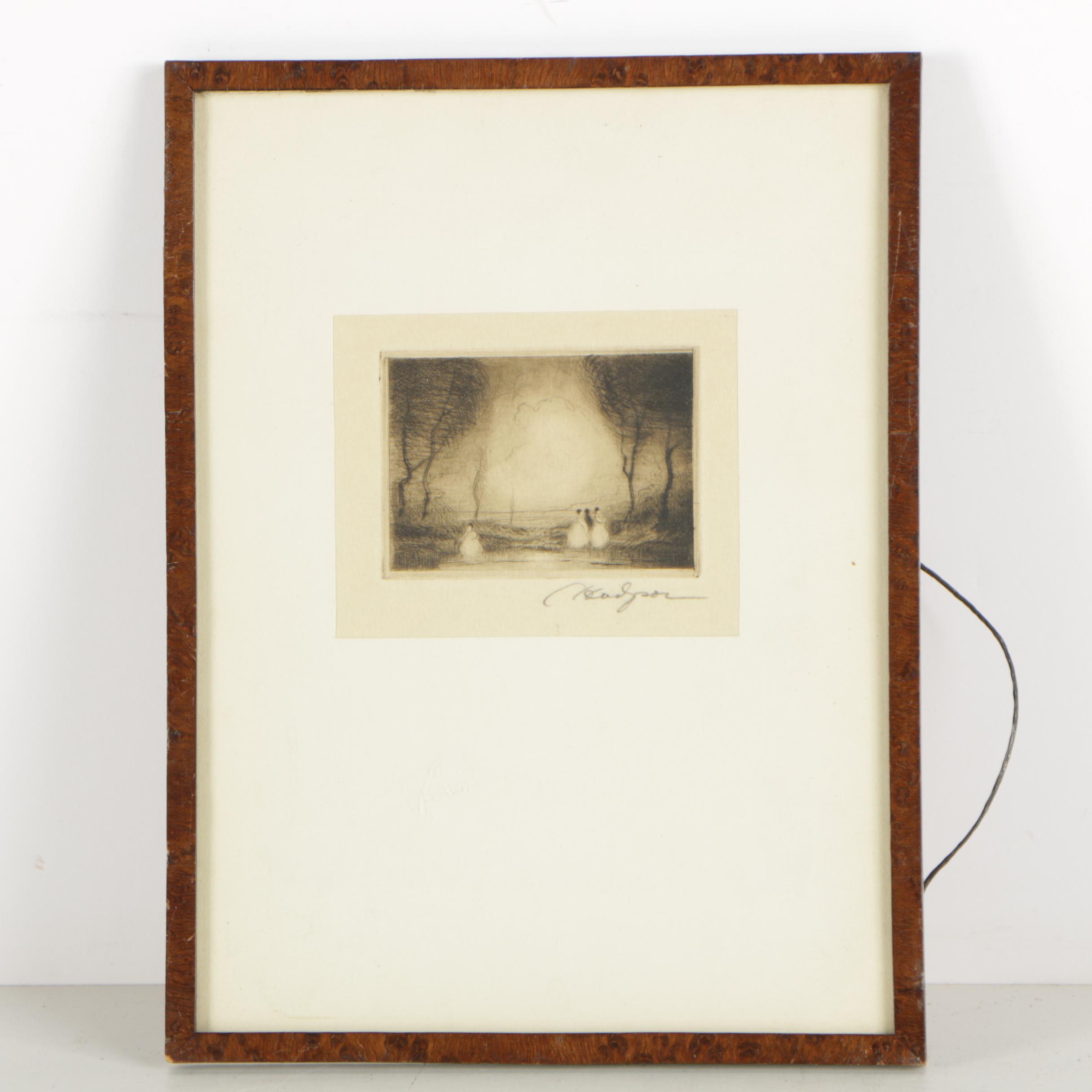 Cedric Hodgson Early 20th-Century Intaglio Print of Figures on Tree Lined Path