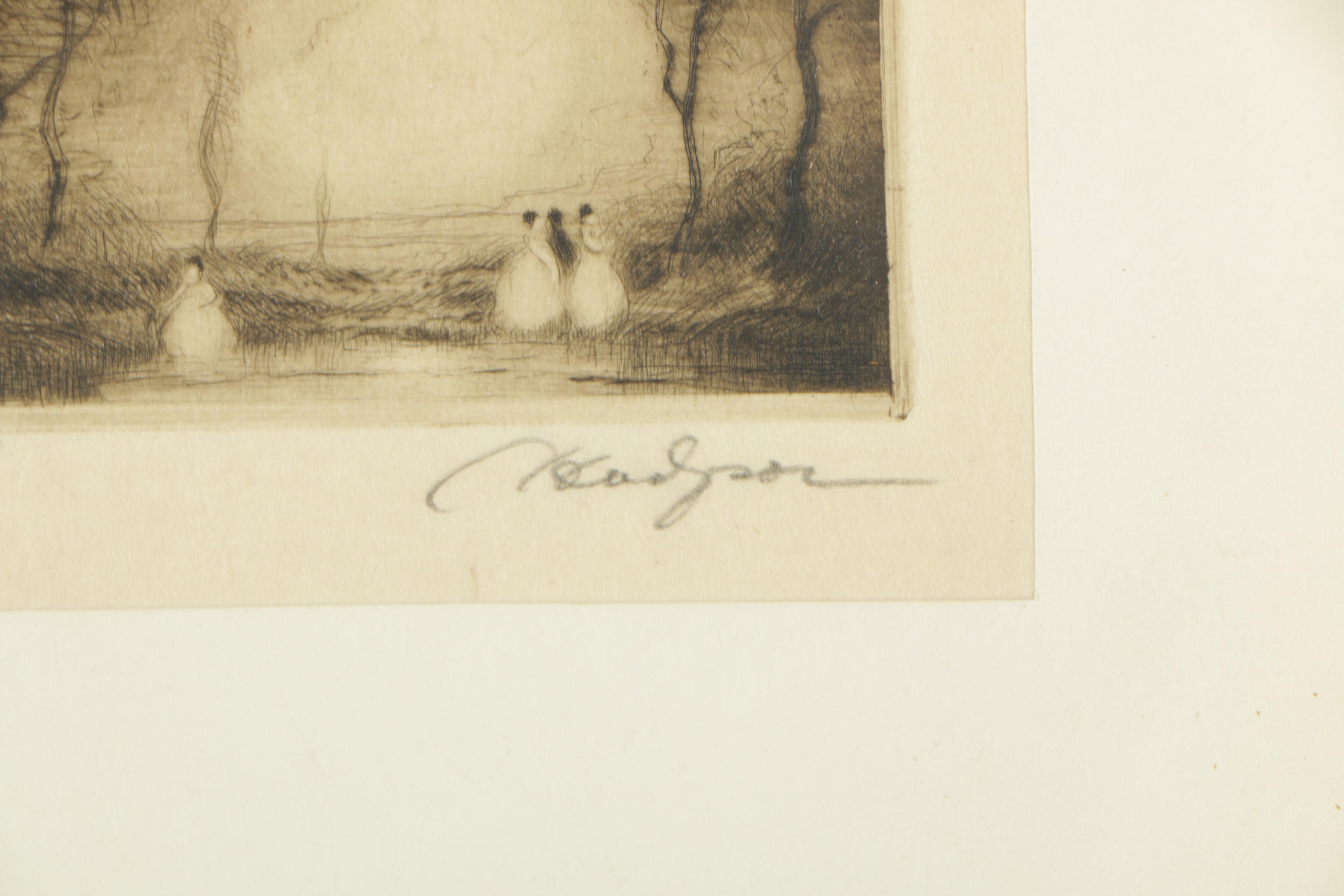 Cedric Hodgson Early 20th-Century Intaglio Print of Figures on Tree Lined Path