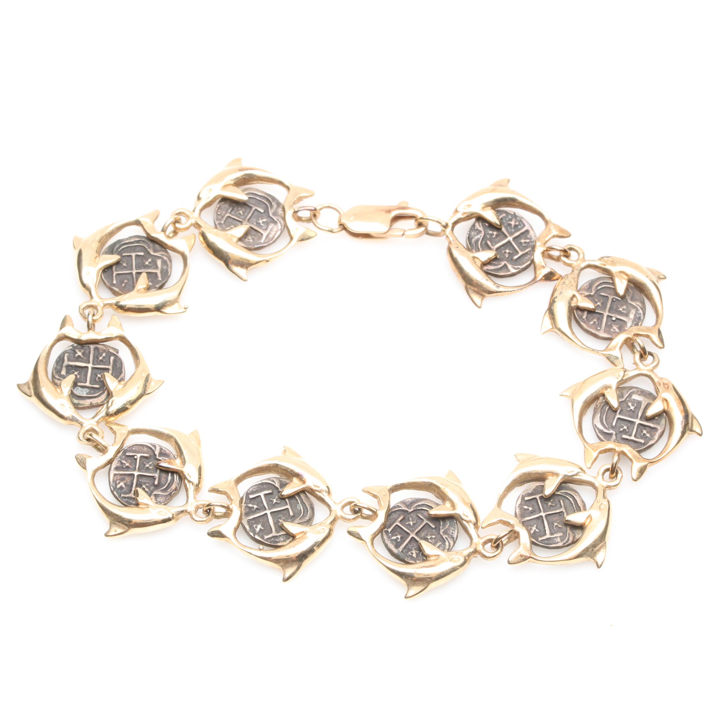 14K Yellow Gold and 850 Silver Spanish Colonial Replica Coin Bracelet