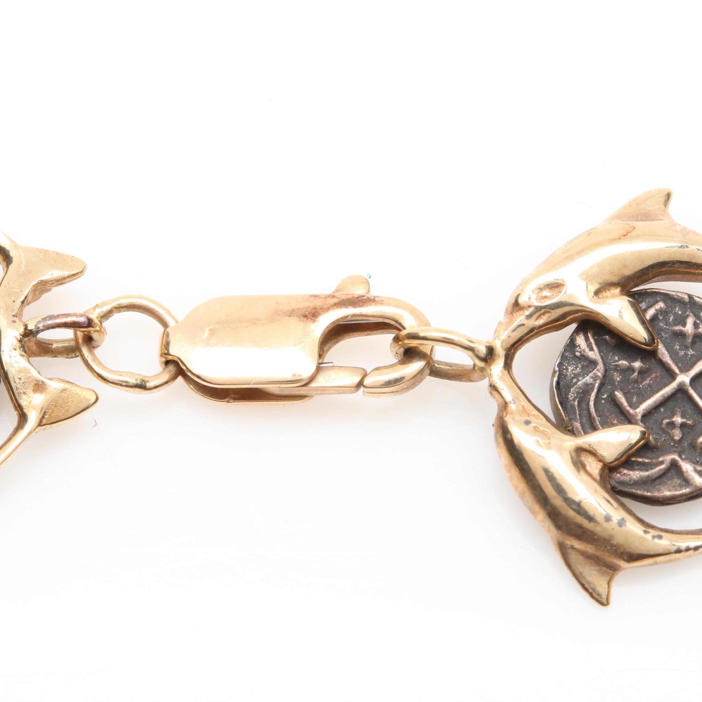 14K Yellow Gold and 850 Silver Spanish Colonial Replica Coin Bracelet