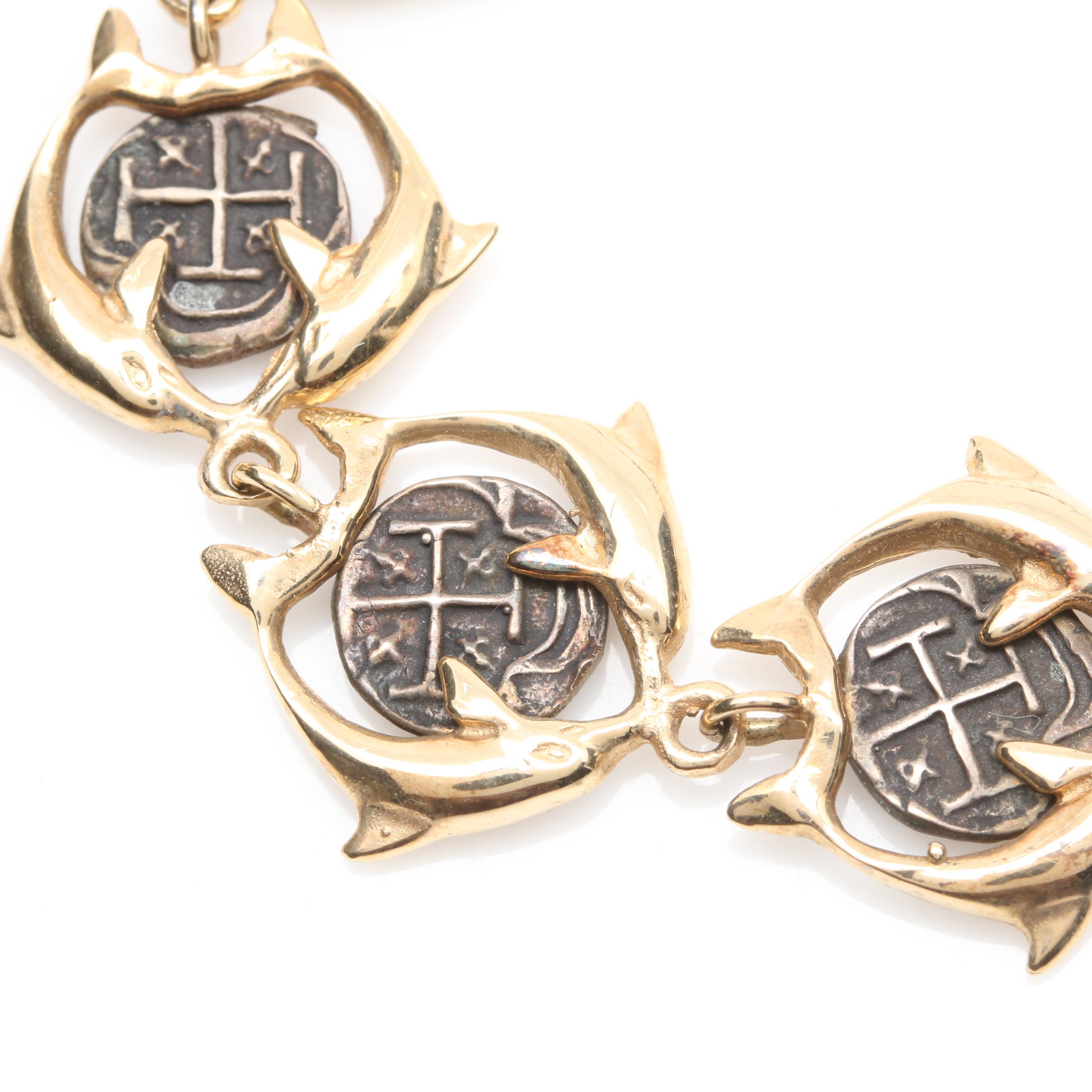 14K Yellow Gold and 850 Silver Spanish Colonial Replica Coin Bracelet