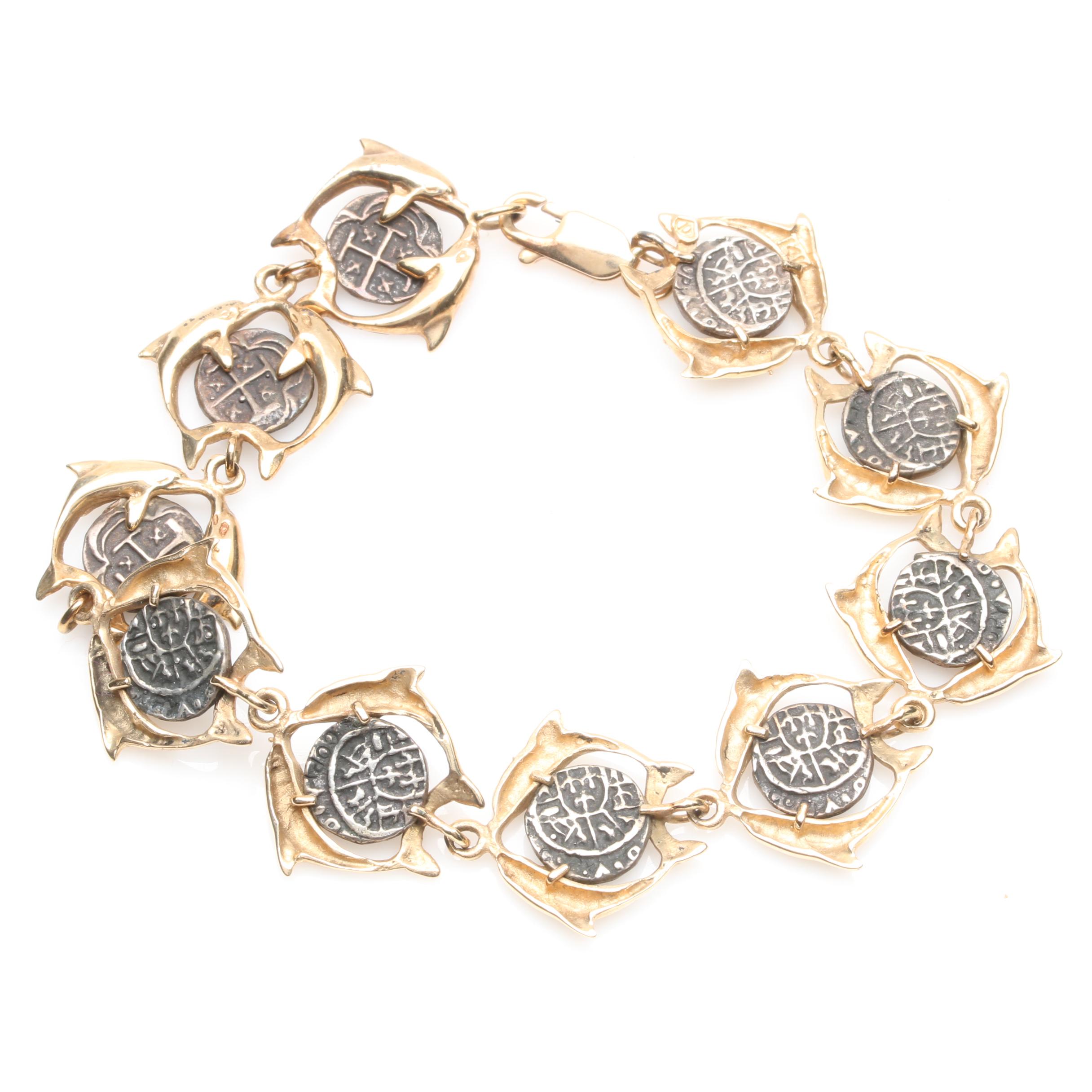 14K Yellow Gold and 850 Silver Spanish Colonial Replica Coin Bracelet