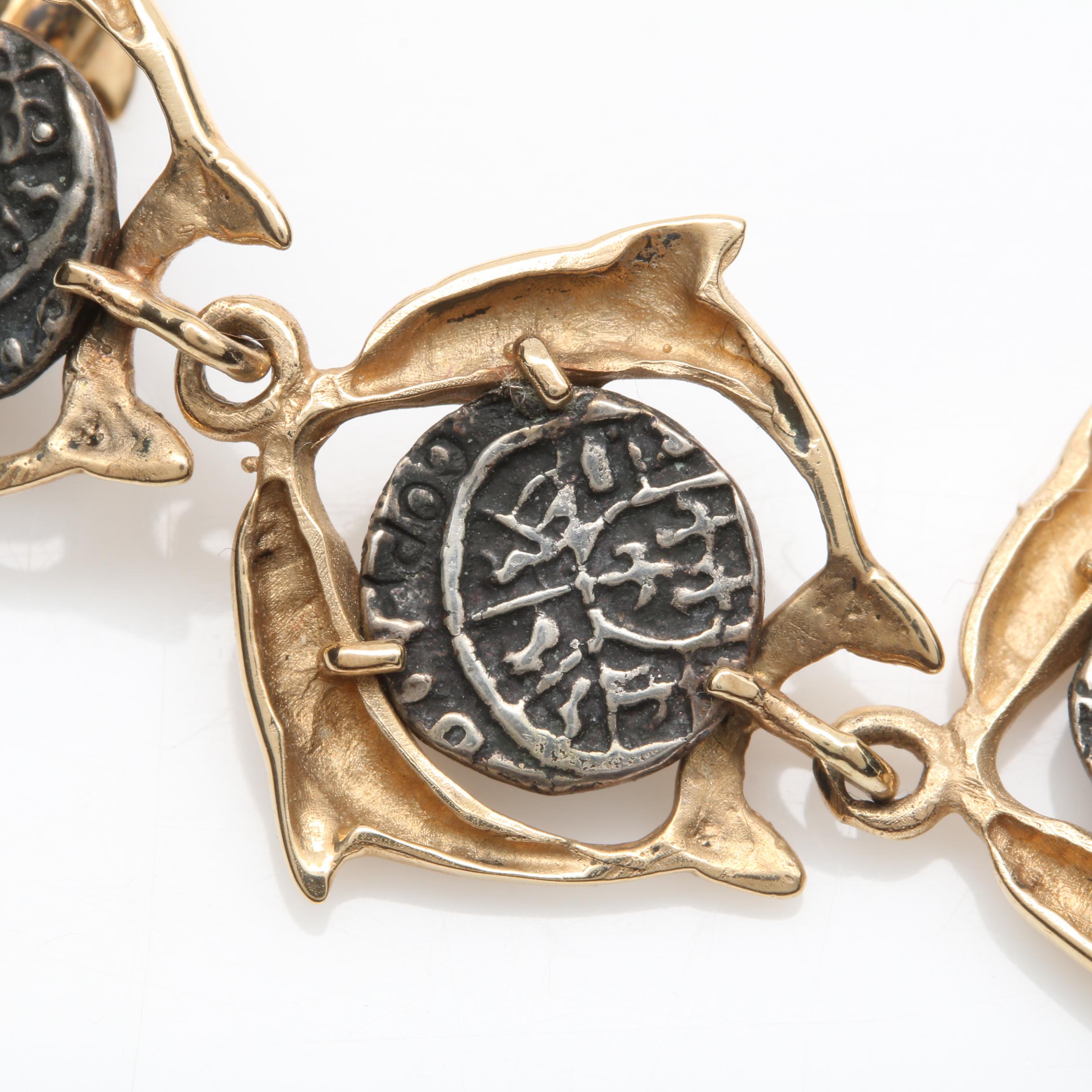14K Yellow Gold and 850 Silver Spanish Colonial Replica Coin Bracelet