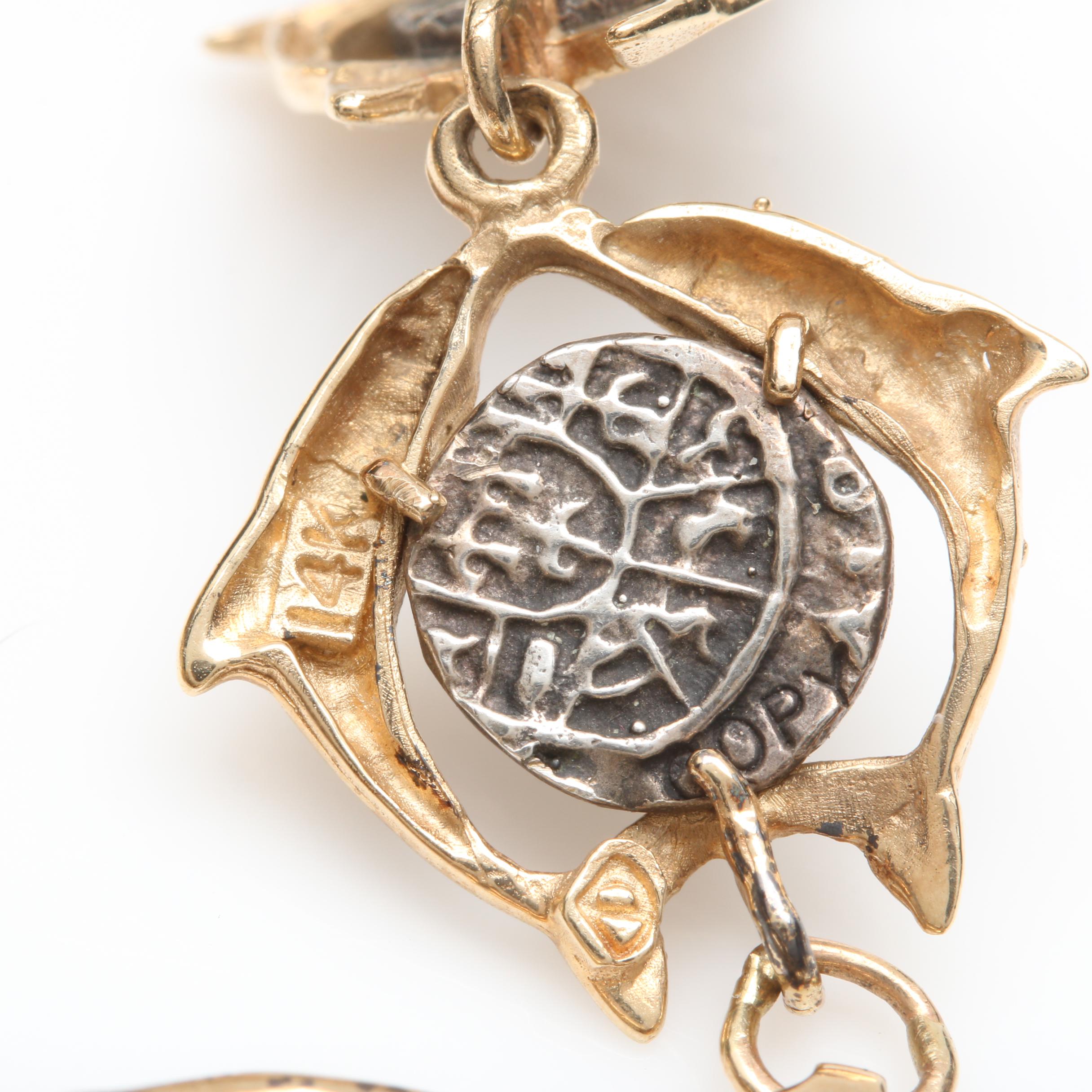 14K Yellow Gold and 850 Silver Spanish Colonial Replica Coin Bracelet