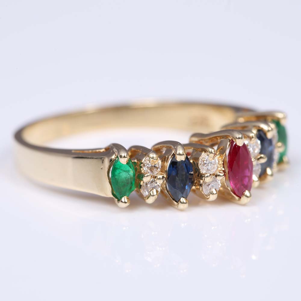 14K Yellow Gold Emerald, Ruby, Sapphire, Diamond Ring