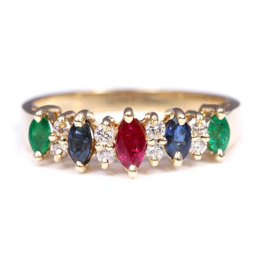 14K Yellow Gold Emerald, Ruby, Sapphire, Diamond Ring