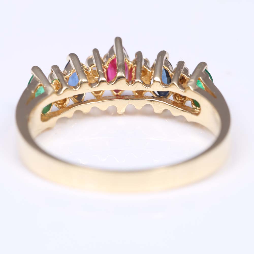 14K Yellow Gold Emerald, Ruby, Sapphire, Diamond Ring