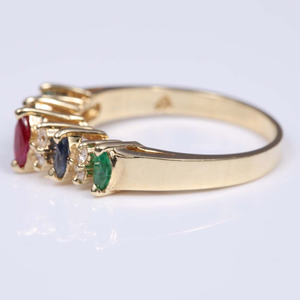14K Yellow Gold Emerald, Ruby, Sapphire, Diamond Ring
