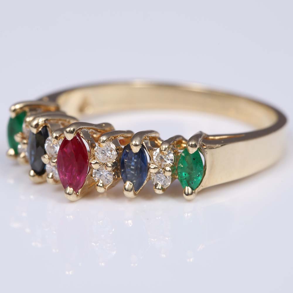 14K Yellow Gold Emerald, Ruby, Sapphire, Diamond Ring