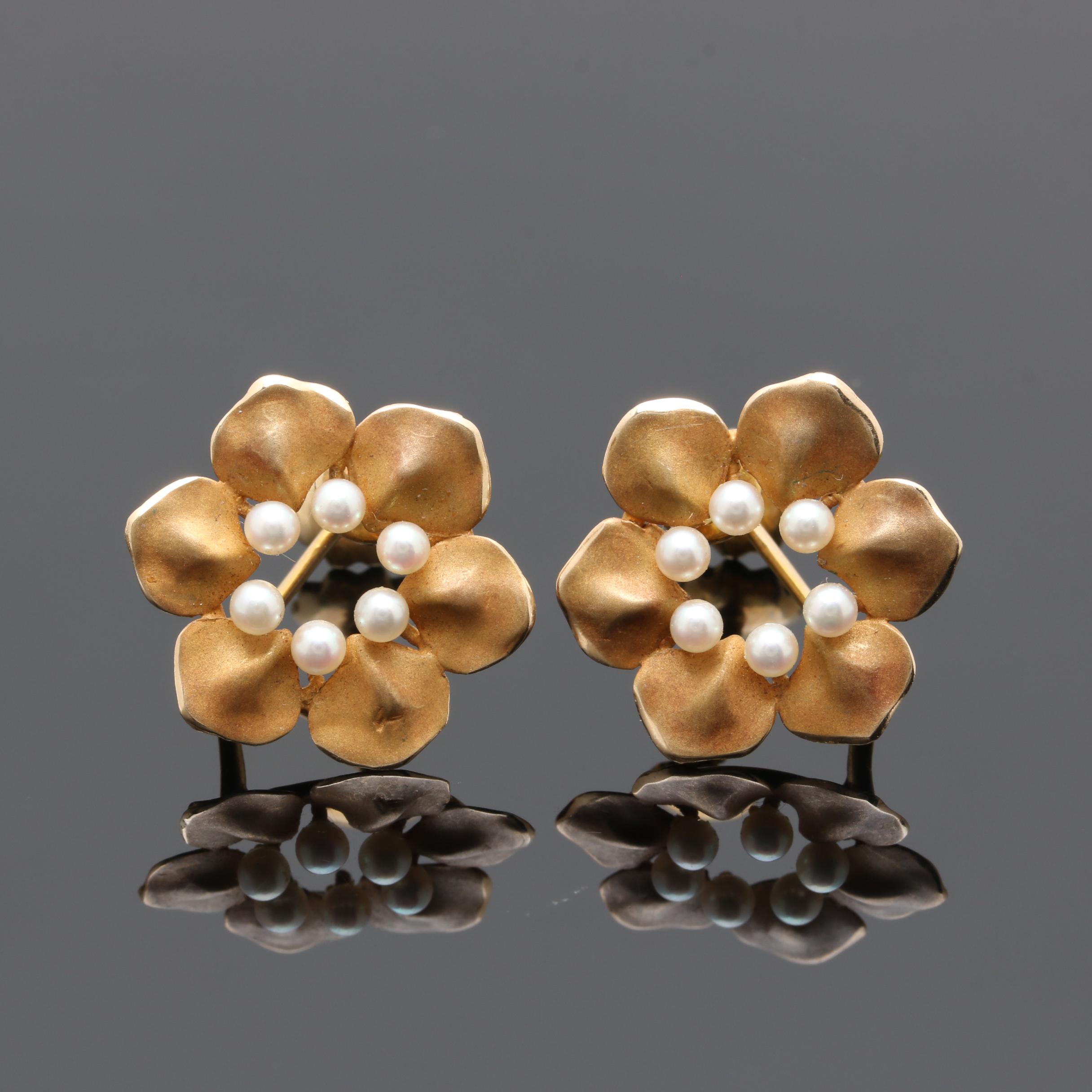 14K Yellow Gold Cultured Pearl Floral Earrings
