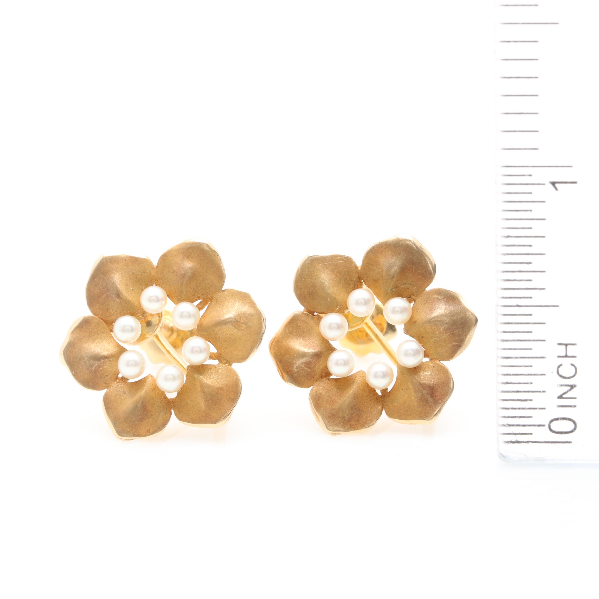14K Yellow Gold Cultured Pearl Floral Earrings