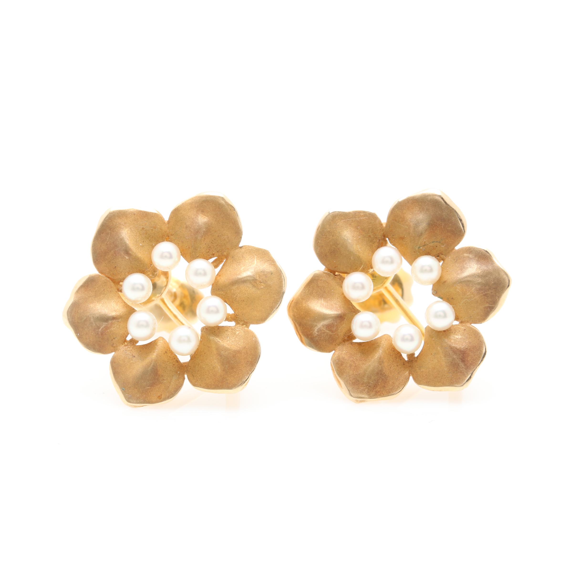 14K Yellow Gold Cultured Pearl Floral Earrings