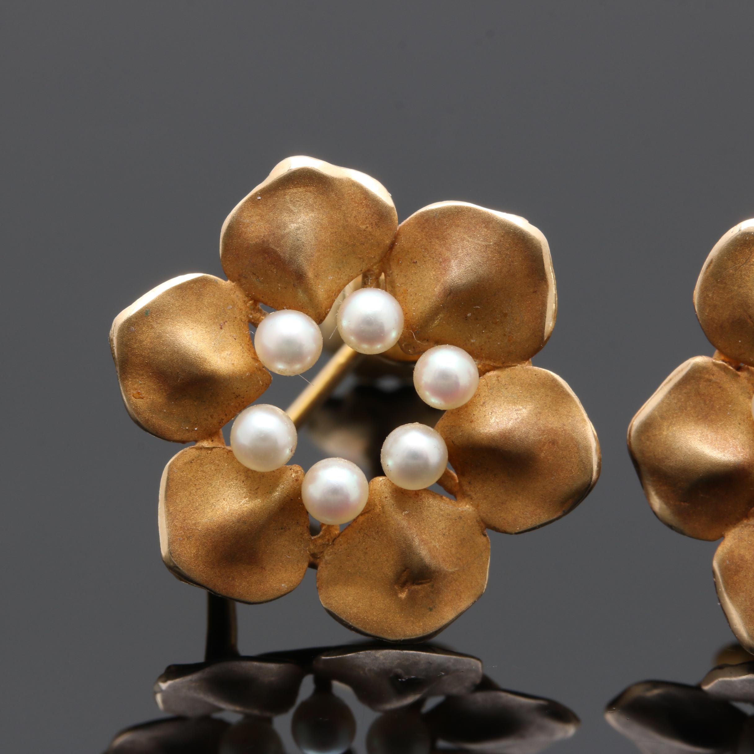 14K Yellow Gold Cultured Pearl Floral Earrings