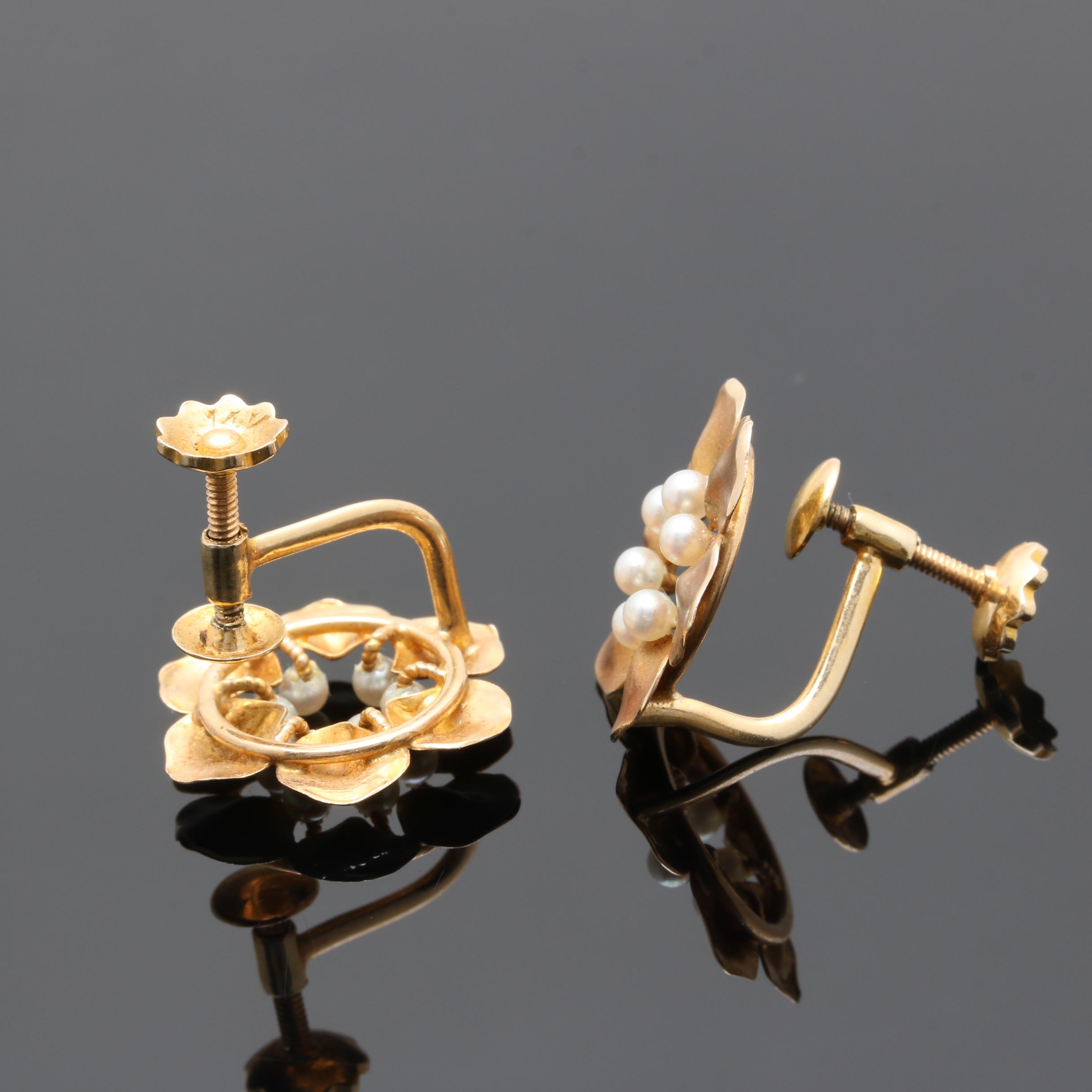 14K Yellow Gold Cultured Pearl Floral Earrings