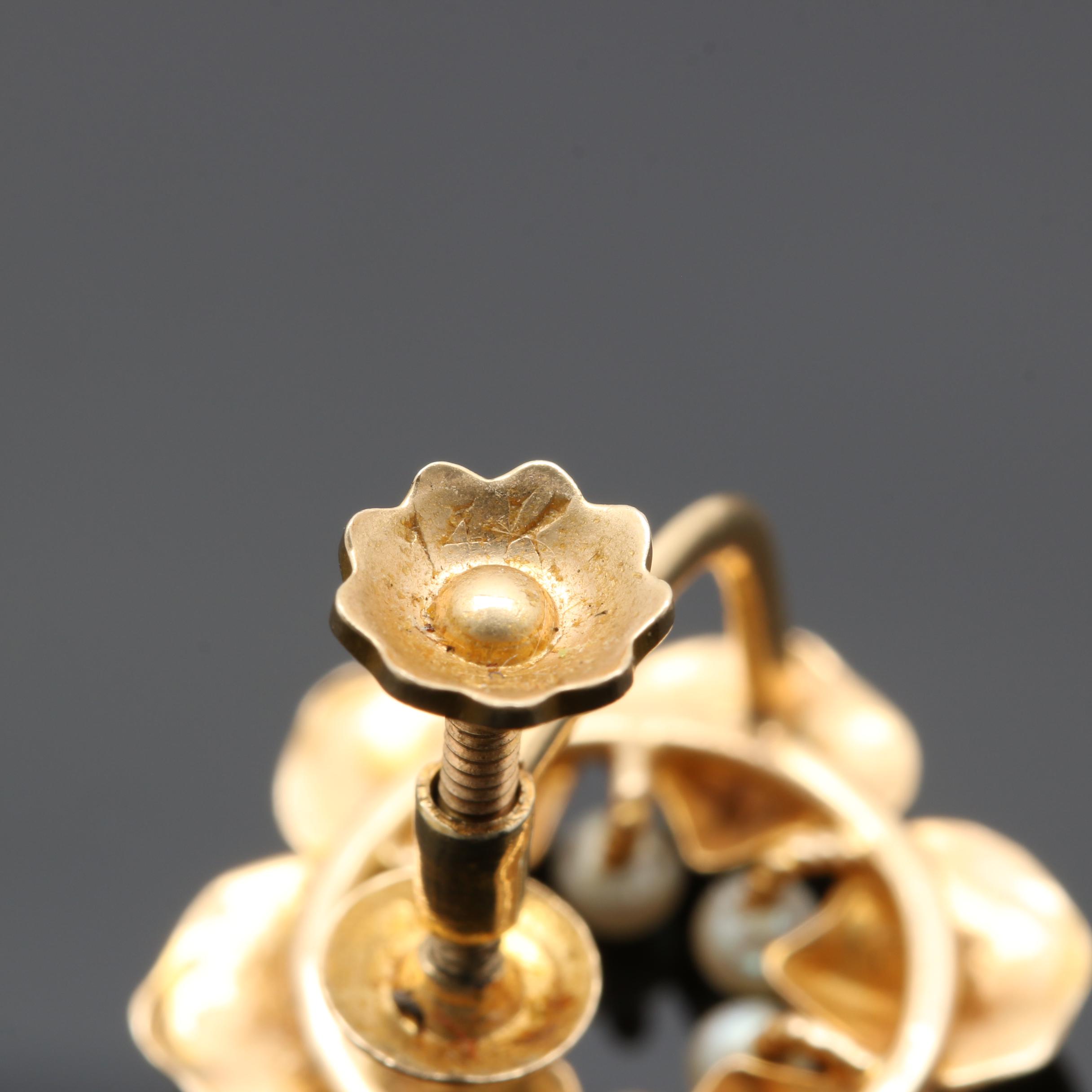 14K Yellow Gold Cultured Pearl Floral Earrings